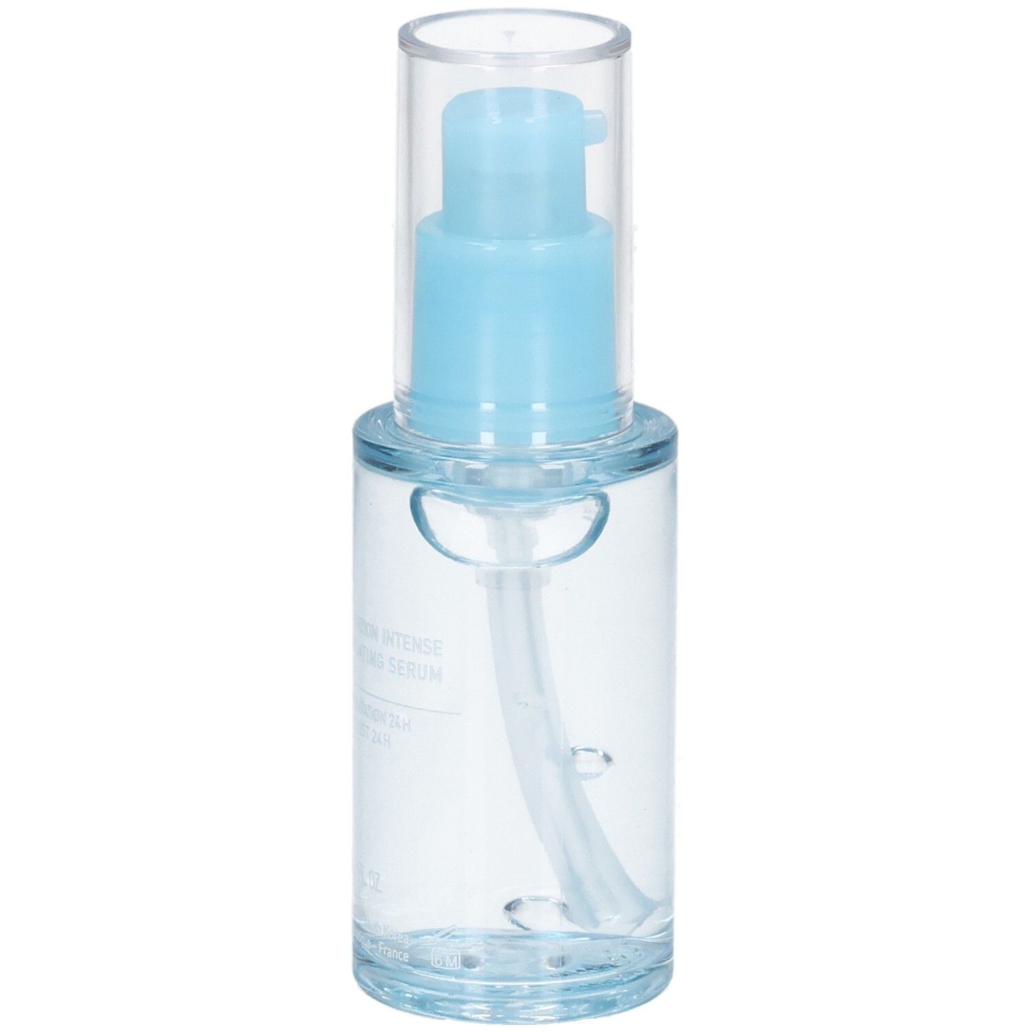 Klare Pumpflasche mit blauem Applikator und transparentem Deckel, mit sichtbaren Bläschen.