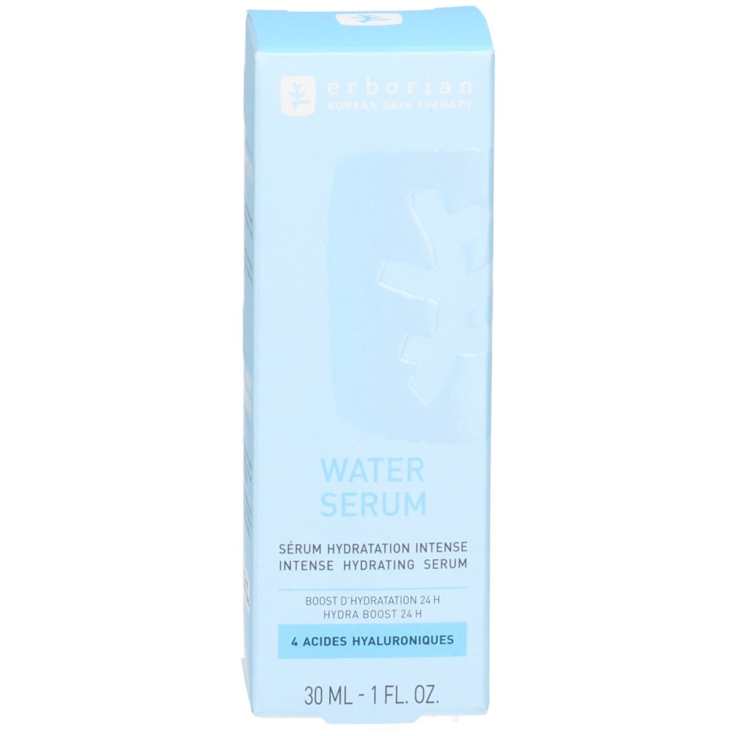 Erborian Water Serum auf hellblauer Kartonverpackung mit sichtbarer Beschriftung.