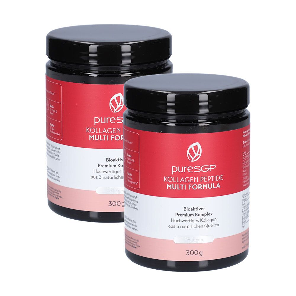Zwei schwarze Dosen mit rotem Etikett. Aufschrift: pures SGP Kollagen Peptide Multi Formula. 300g. Bioaktiver Premium Komplex.