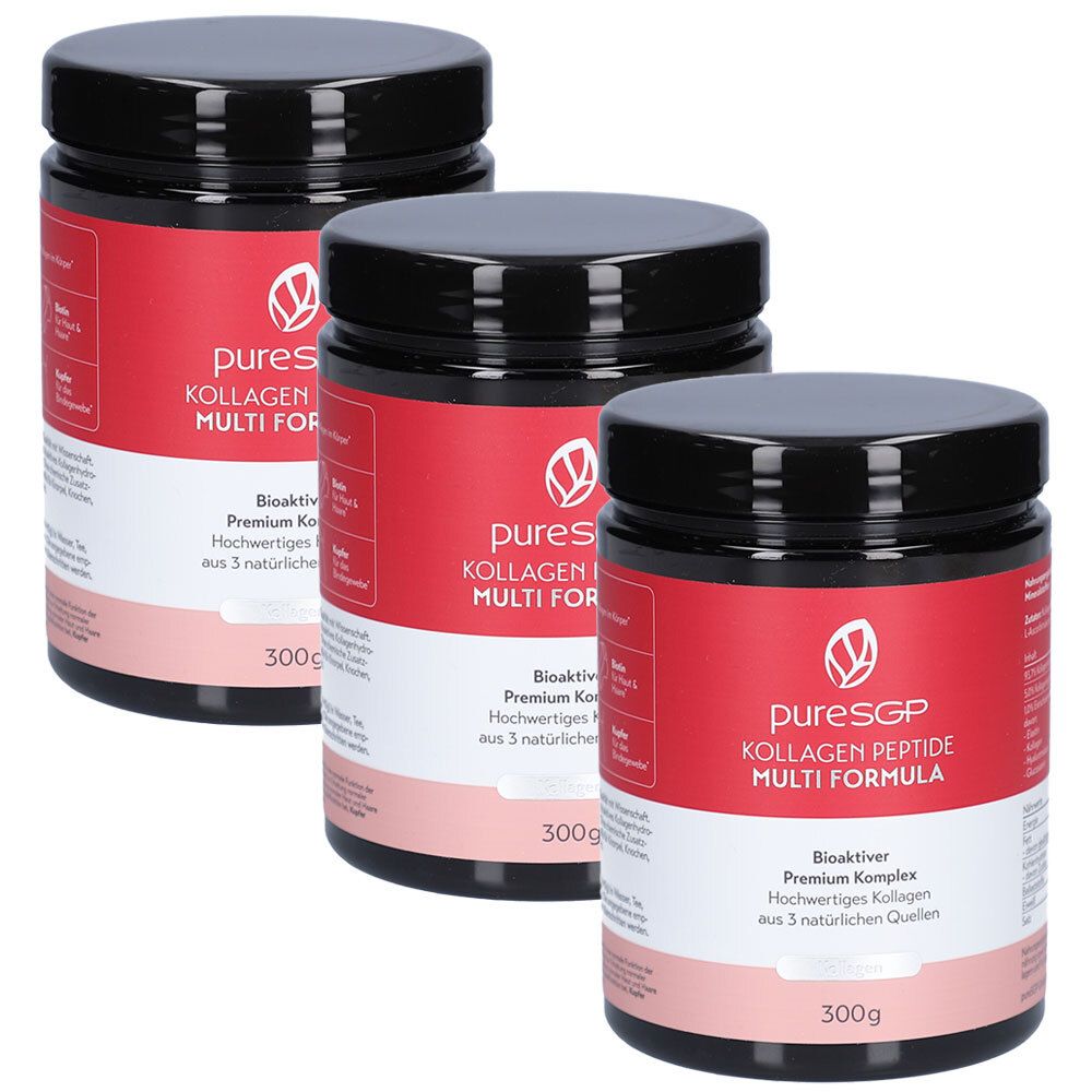 Drei Dosen PuresGP Kollagen Peptide Multi Formula Pulver. Schwarze Deckel, rote Etiketten mit weißer Schrift. 300g.
