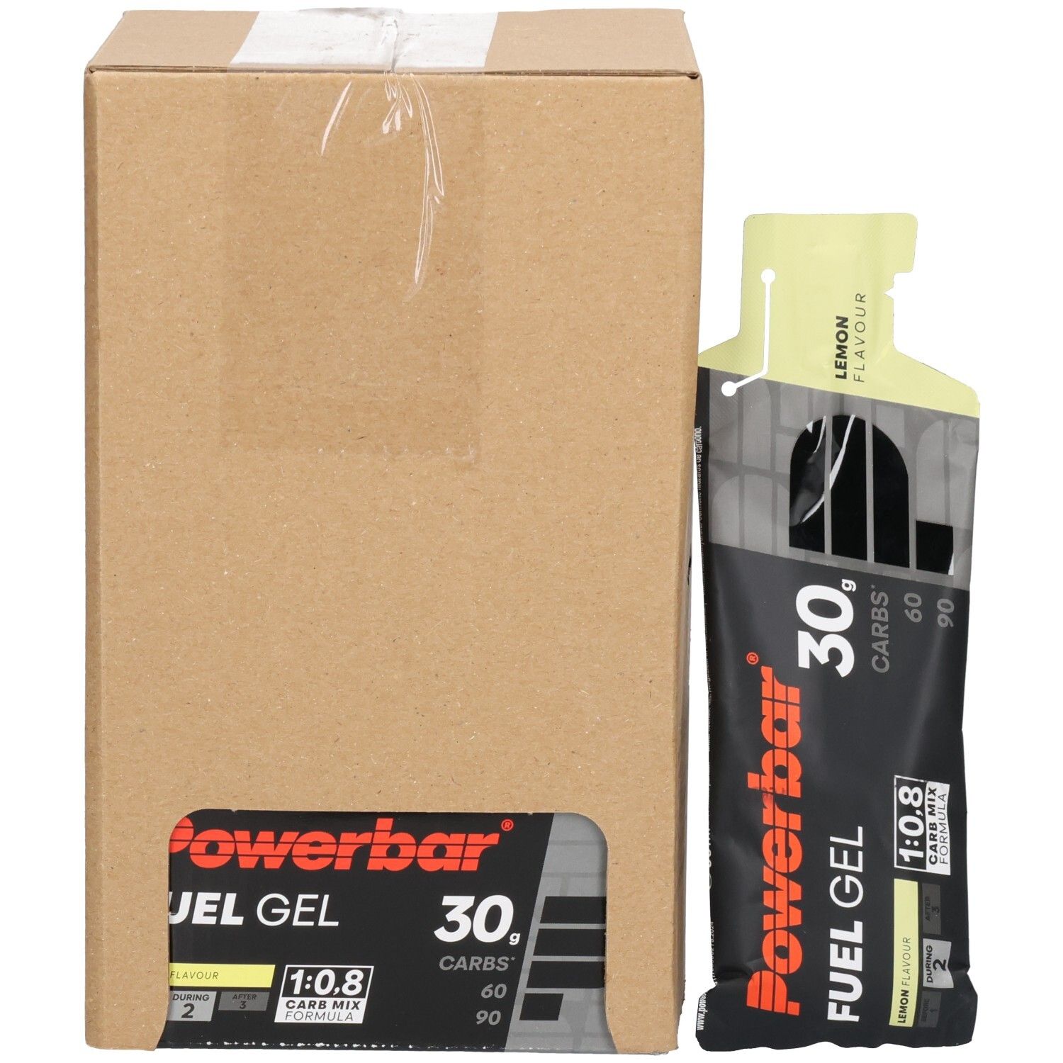Verpackung mit einer Powerbar Fuel Gel 30g Zitrone und einem Karton mit 12 Gels.