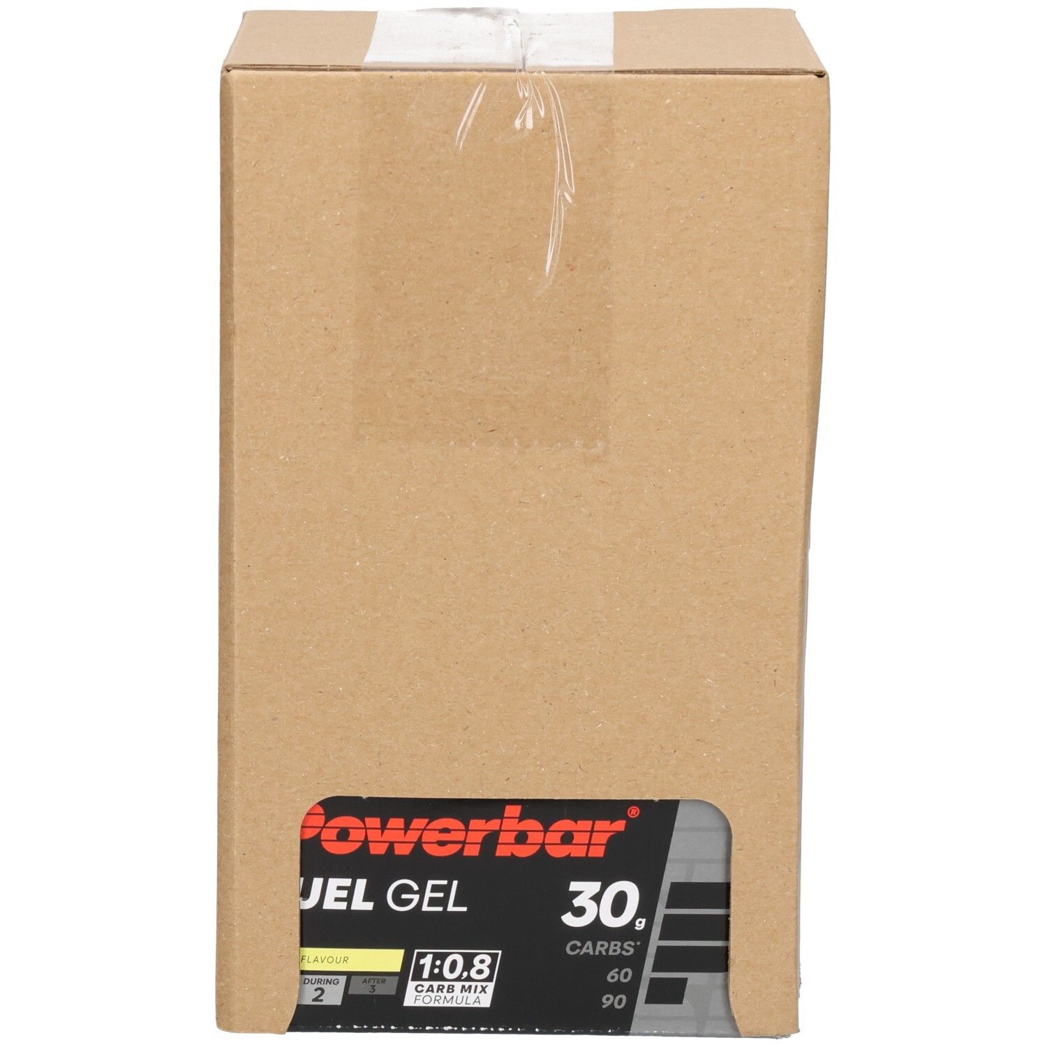 Geschlossener Karton mit 12 Powerbar Fuel Gels, Lemon Geschmack.