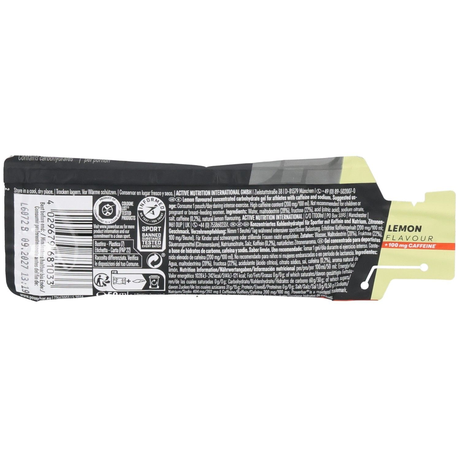 Energiegel PowerBar Fuel Gel 30 Lemon (Caffeine)