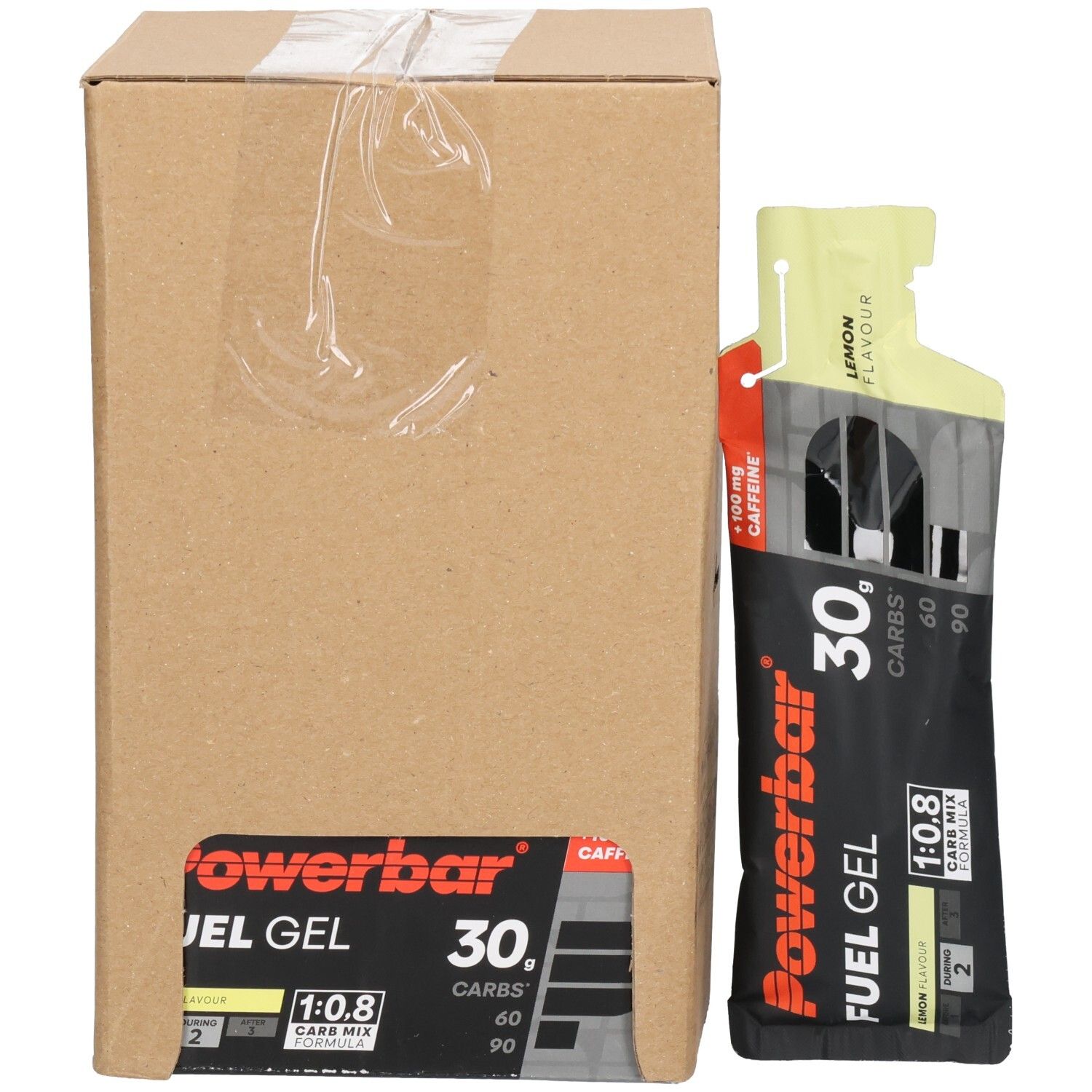 Verpackungseinheit: Powerbar Fuel Gel Beutel neben einem Karton.