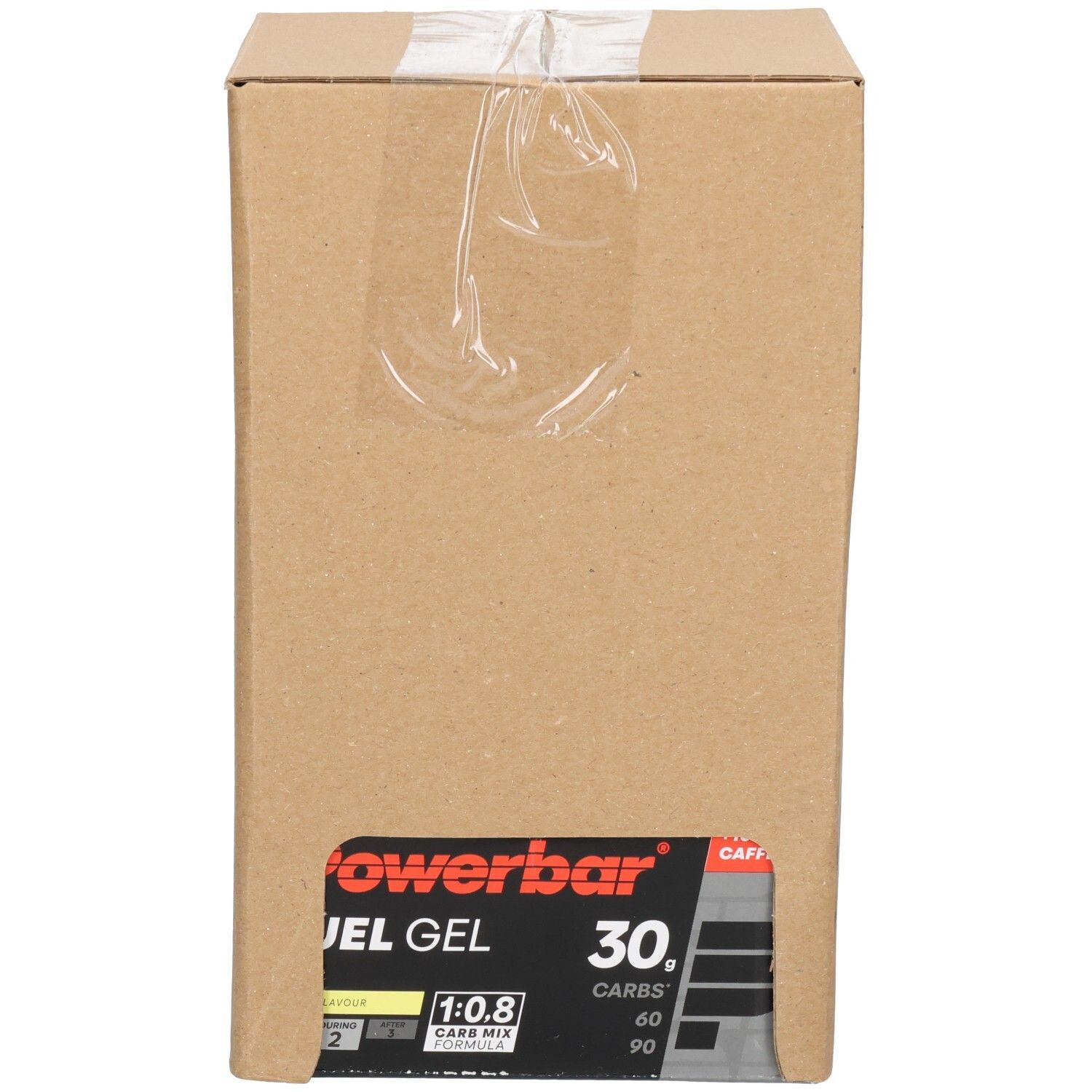 Geschlossener Karton mit Powerbar Fuel Gel Aufdruck.