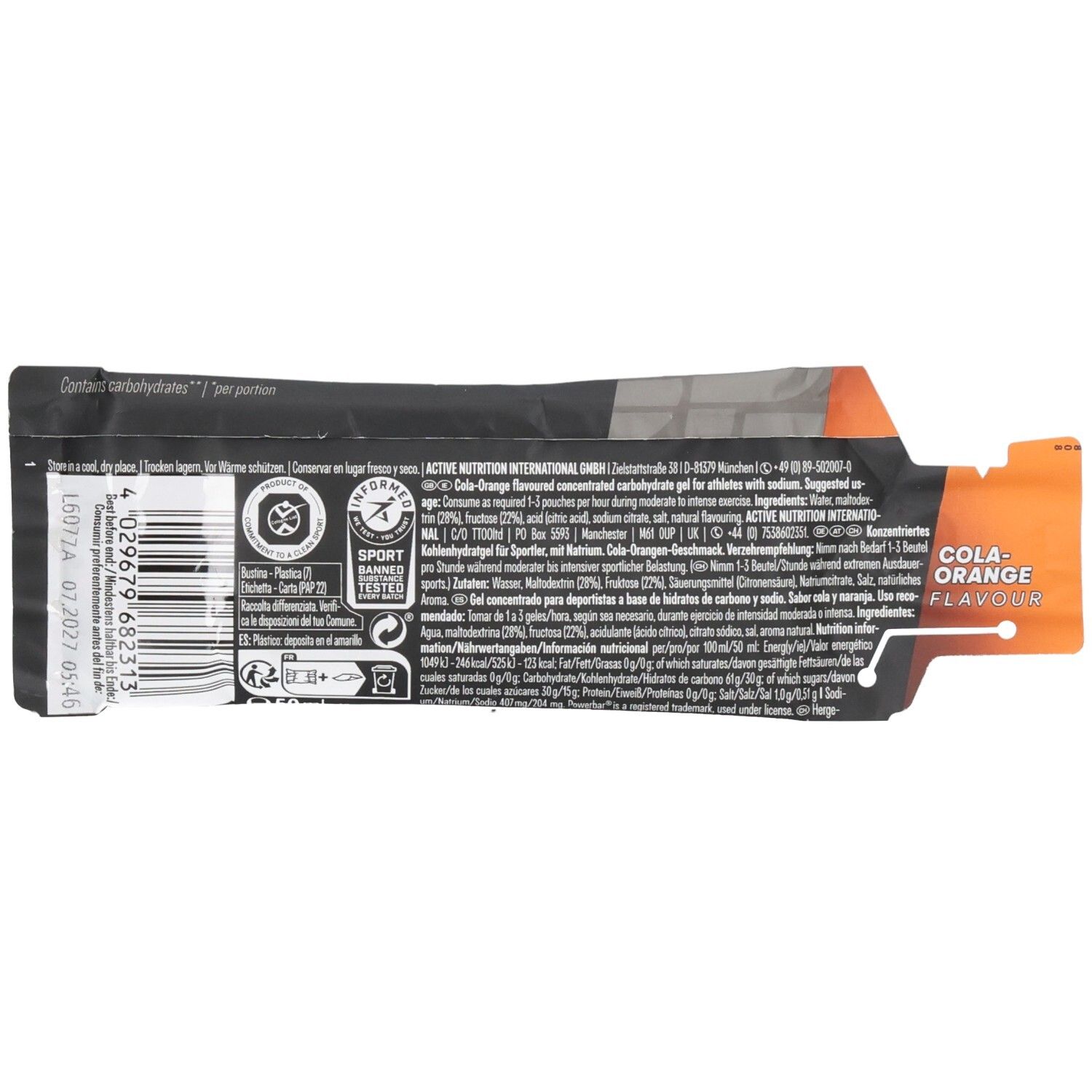 Powerbar Fuel Gel, Cola-Orange Geschmack, 30g Kohlenhydrate, 100mg Koffein.