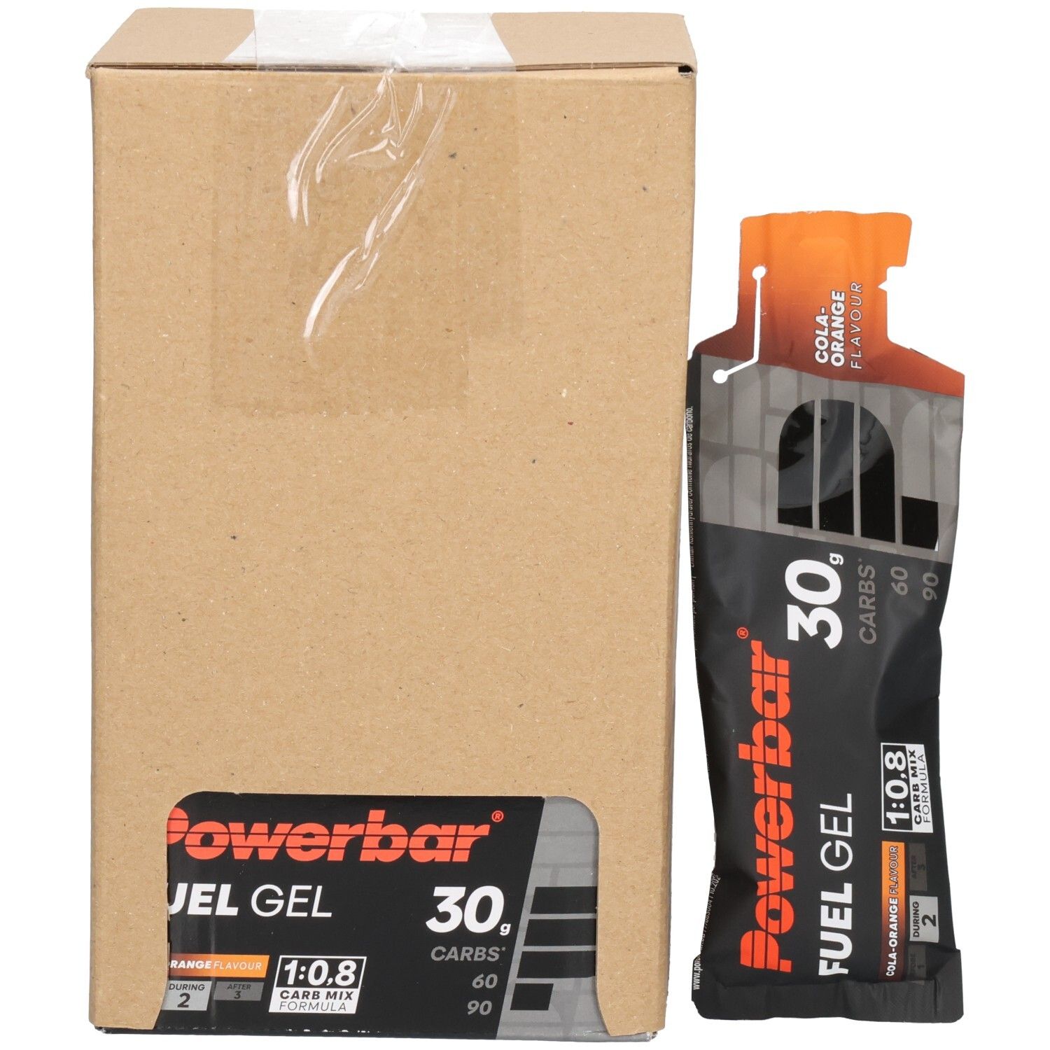 Verkaufsverpackung mit POWERBAR Fuel Gel (Cola-Orange, 30g Kohlenhydrate) und Karton.