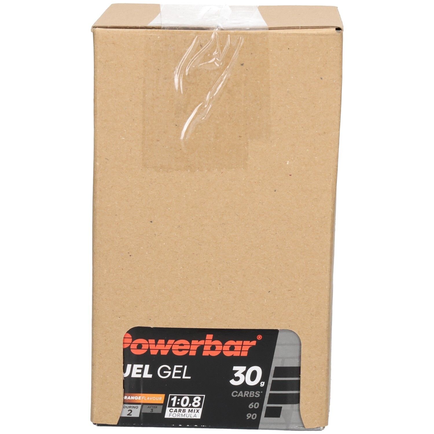 Geschlossener Karton mit POWERBAR Fuel Gel Aufdruck, 12x50ml.