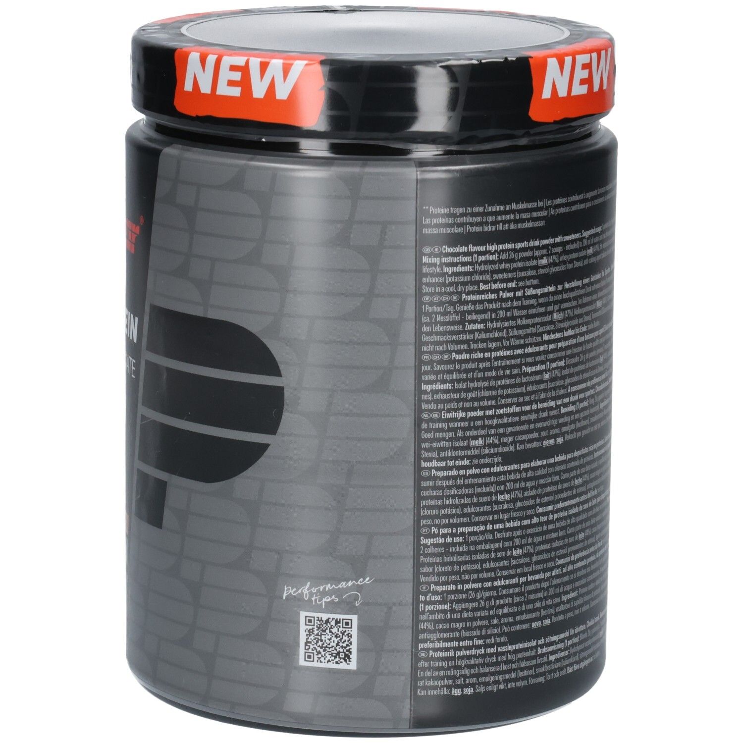 Schwarzer Behälter mit Powerbar Build Whey Protein Isolat & Hydrolysat, Schokoladengeschmack.