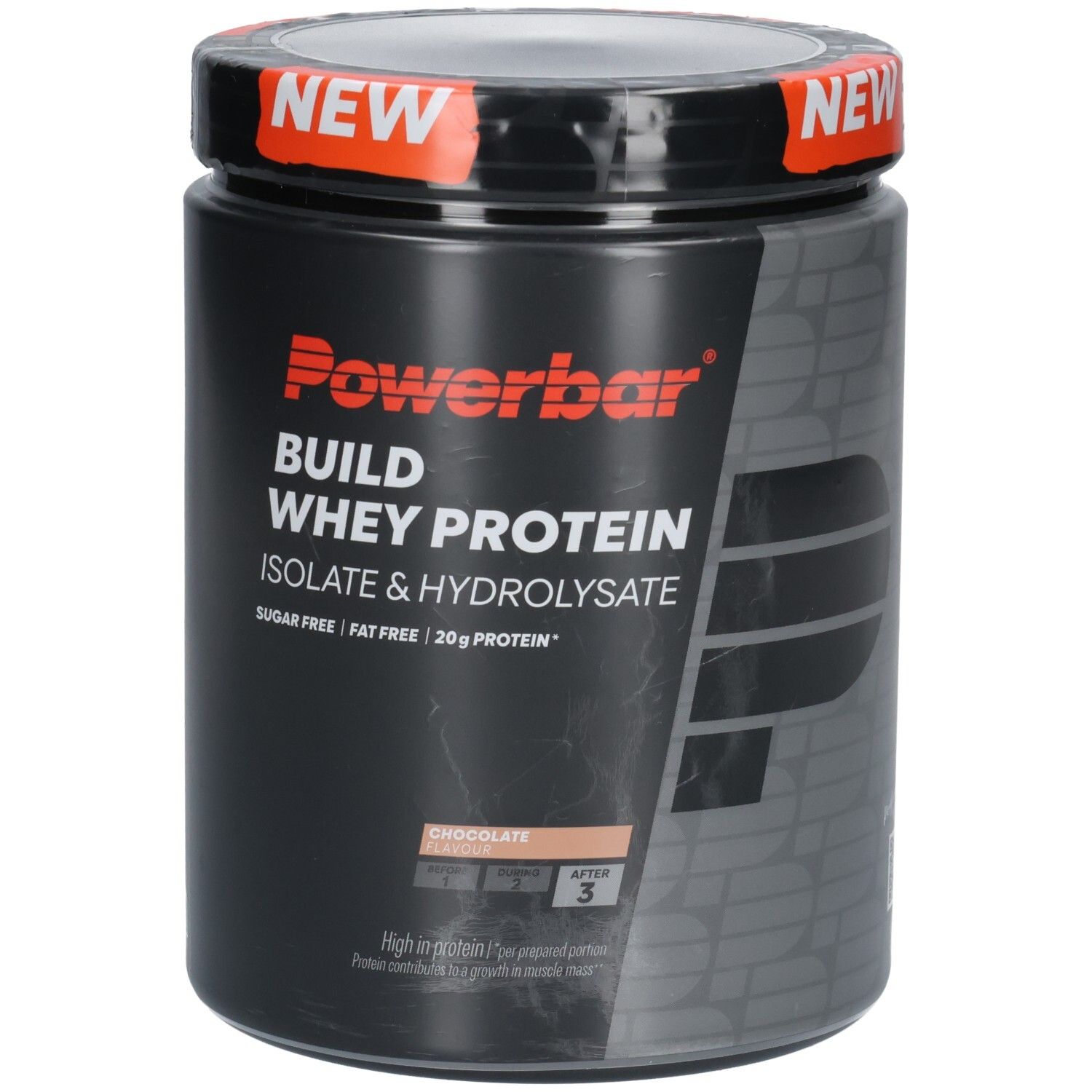 Schwarzer Behälter mit Powerbar Build Whey Protein Isolat & Hydrolysat, Schokoladengeschmack.