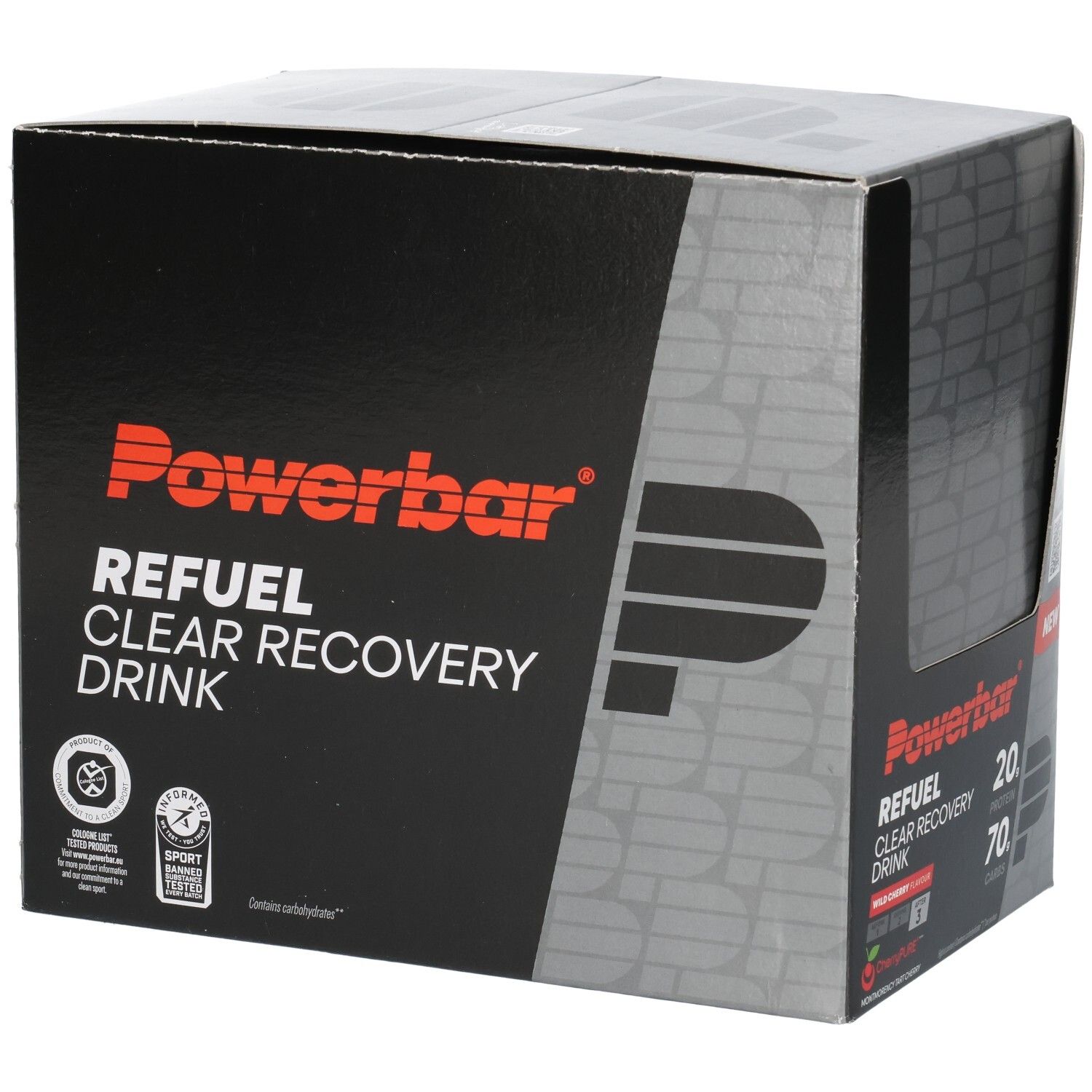 Powerbar Refuel Clear Recovery Drink Karton mit 20 Beuteln. Schwarzes Design mit rotem Logo und Schriftzug.