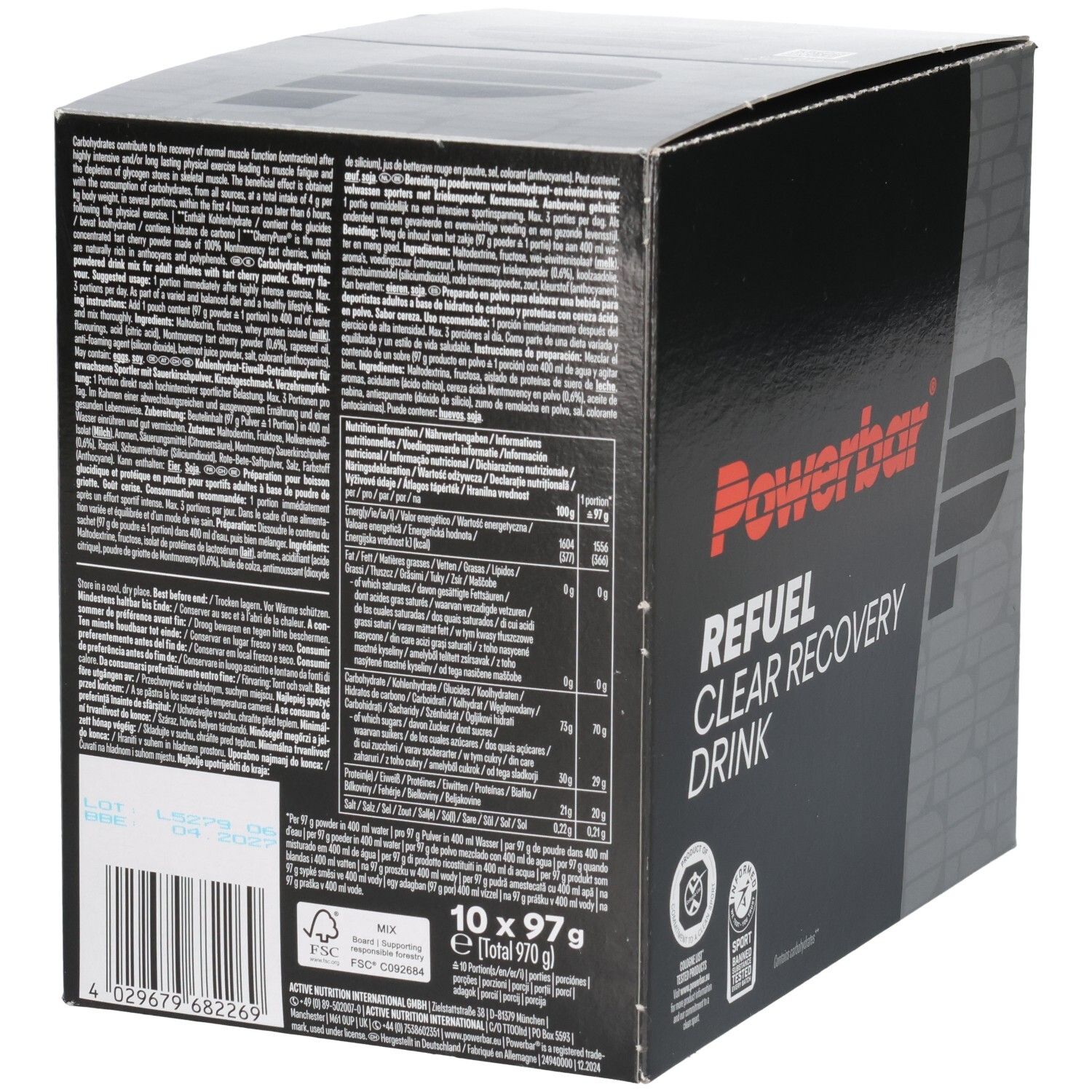 Rückseite eines Powerbar Refuel Clear Recovery Drink Kartons mit Nährwertangaben und Barcode.