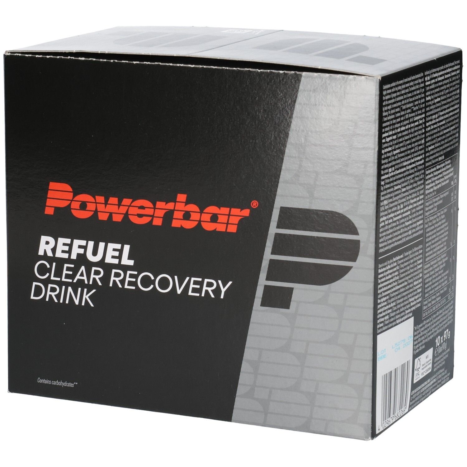 Seitenansicht eines Powerbar Refuel Clear Recovery Drink Kartons. Schwarzes Design mit rotem Logo.