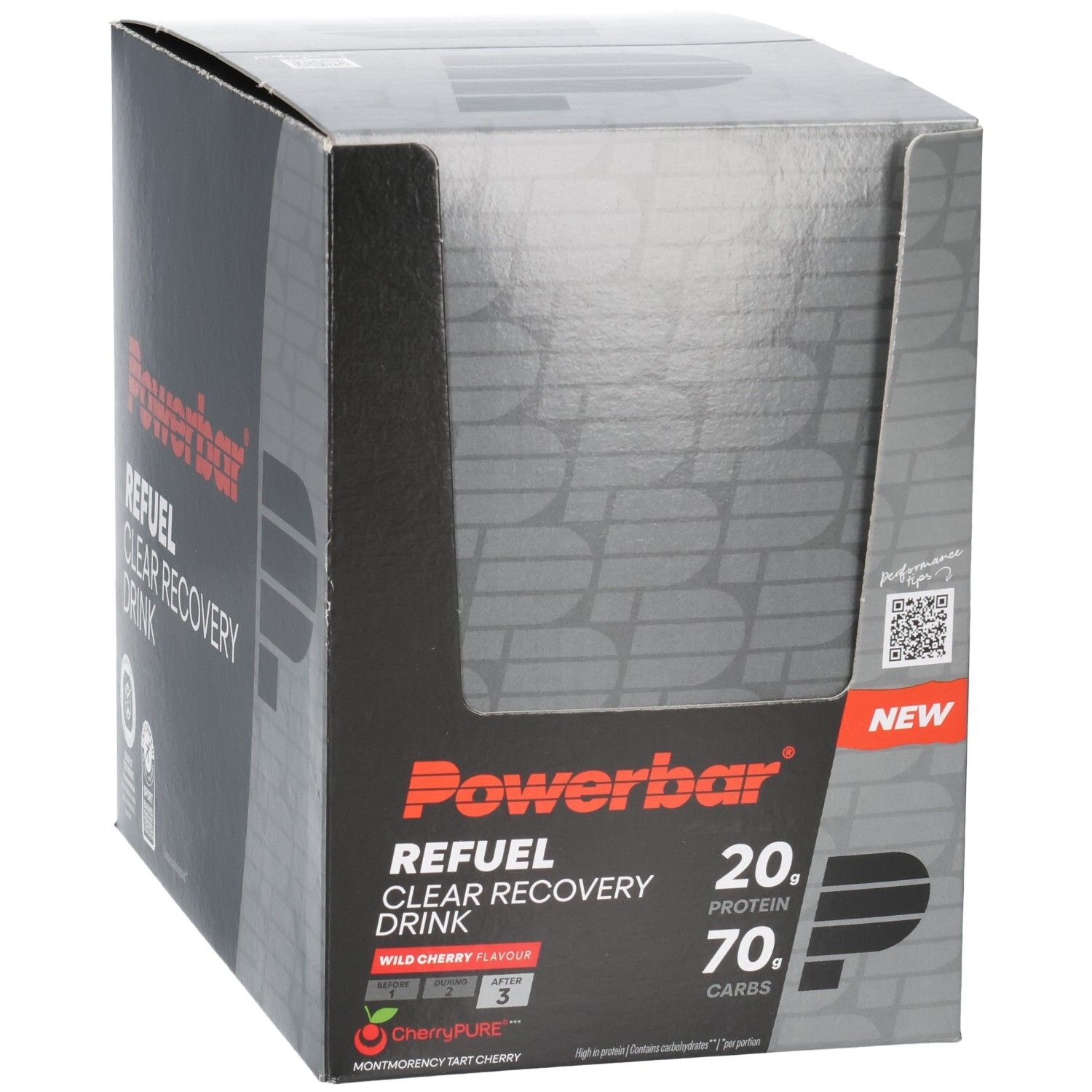 Powerbar Refuel Clear Recovery Drink Karton, schräg vorne. Wild Cherry Geschmack, 20g Protein, 70g Kohlenhydrate.