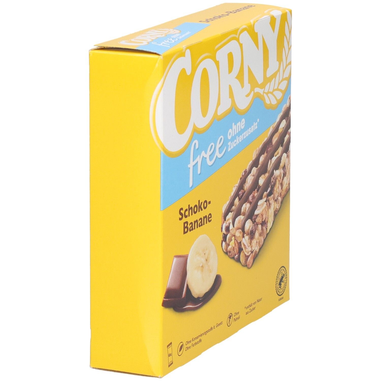 Gelbe Schachtel Corny free Schoko-Banane, leicht schräg. Aufdrucke: "ohne Zuckerzusatz", Banane, Schokolade, und Produktabbildung.