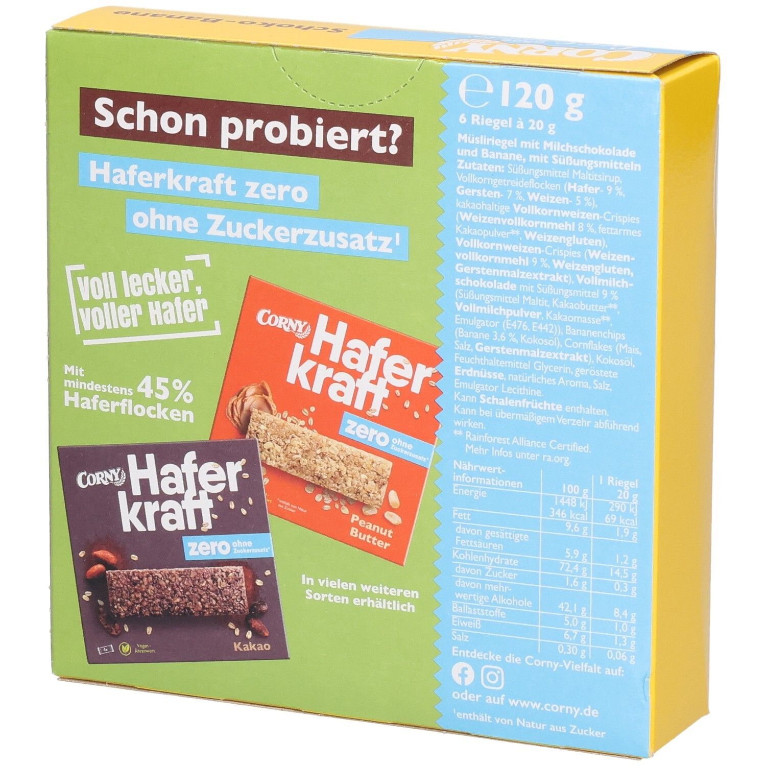Rückseite der Schachtel Corny Haferkraft zero. Text: "ohne Zuckerzusatz", Zutatenliste, Nährwertangaben, und Produktabbildungen.