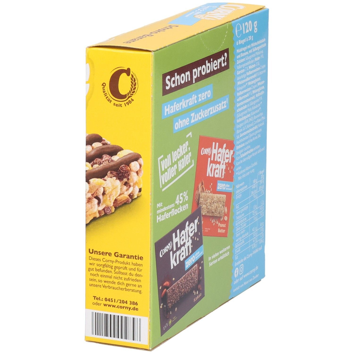 Rückseite der Schachtel Corny Haferkraft zero, schräg. Text: "ohne Zuckerzusatz", Zutatenliste, Nährwertangaben, und Produktabbildungen.
