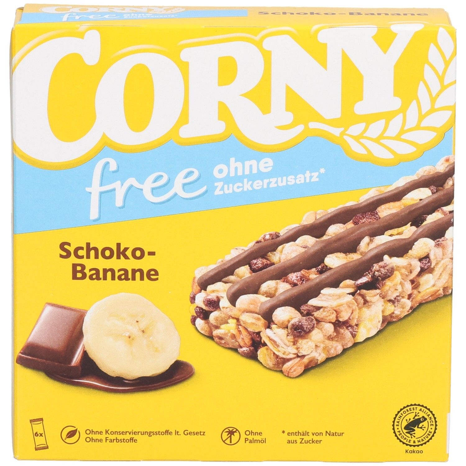 Gelbe Schachtel Corny free Schoko-Banane. Aufdrucke: "ohne Zuckerzusatz", Banane, Schokolade, und Produktabbildung. 6 Riegel.