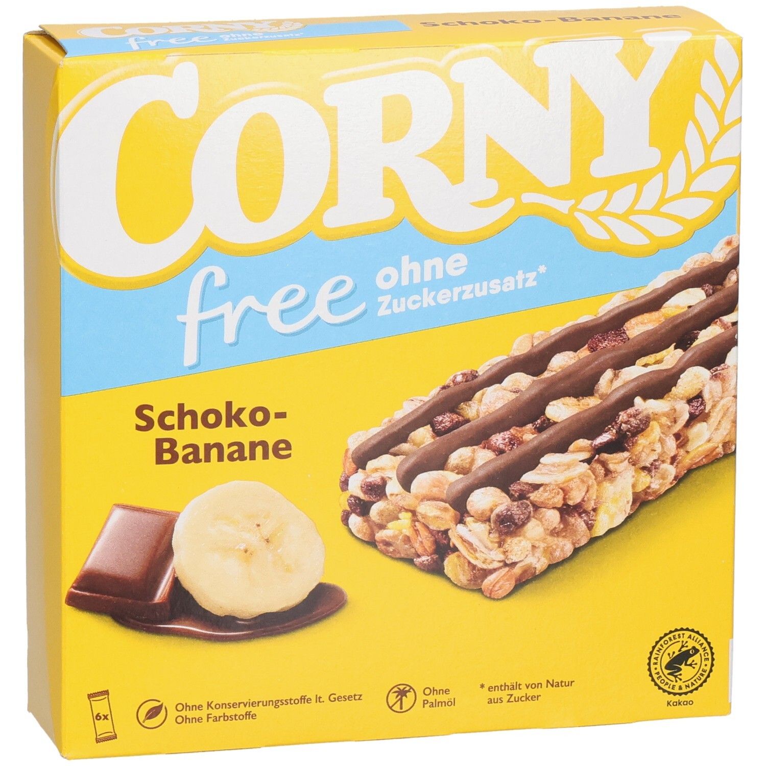 Gelbe Schachtel Corny free Schoko-Banane. Aufdrucke: "ohne Zuckerzusatz", Banane, Schokolade, und Produktabbildung. 6 Riegel.