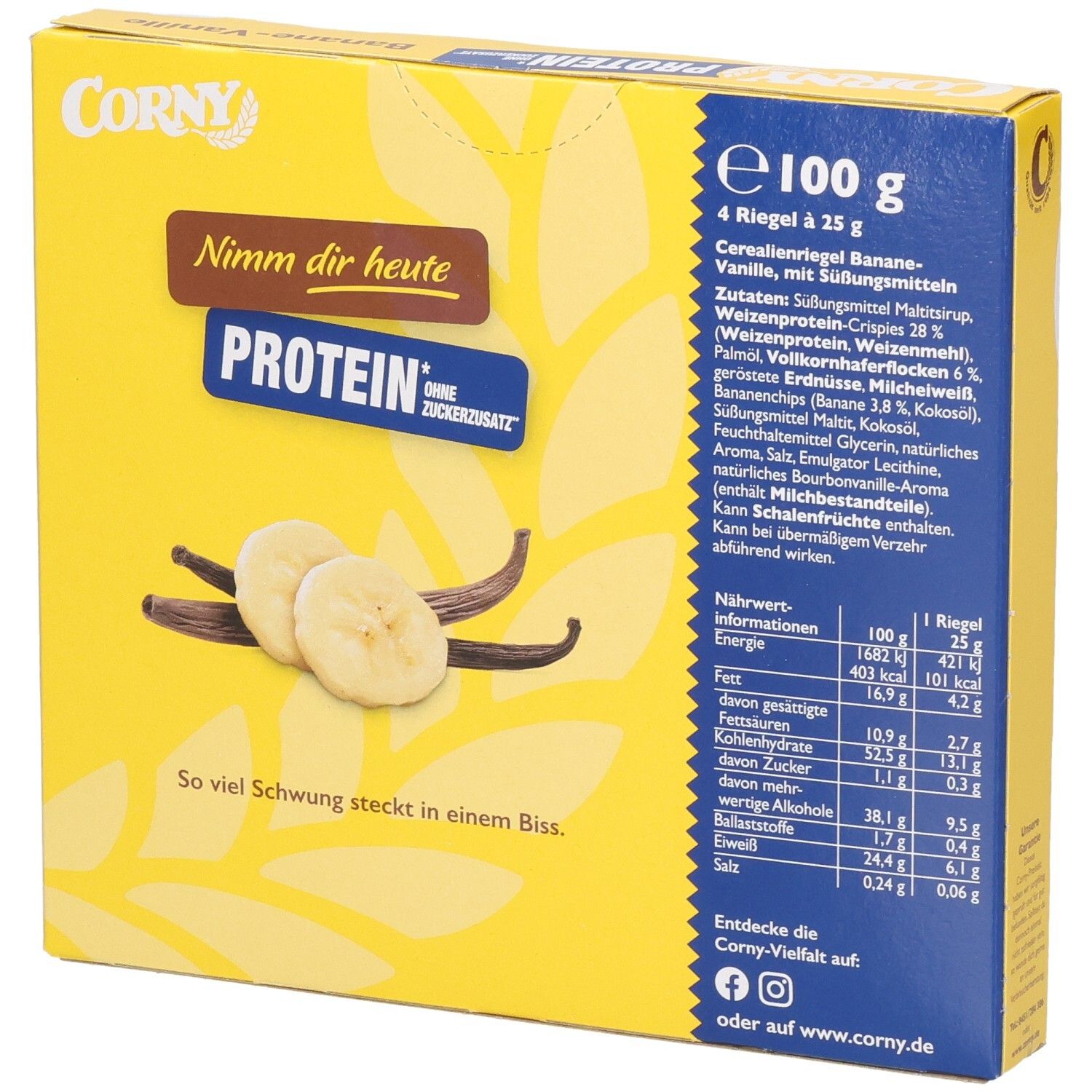Rückseite der gelben Corny Protein Banane-Vanille Schachtel. Enthält Nährwertangaben und Zutatenliste.