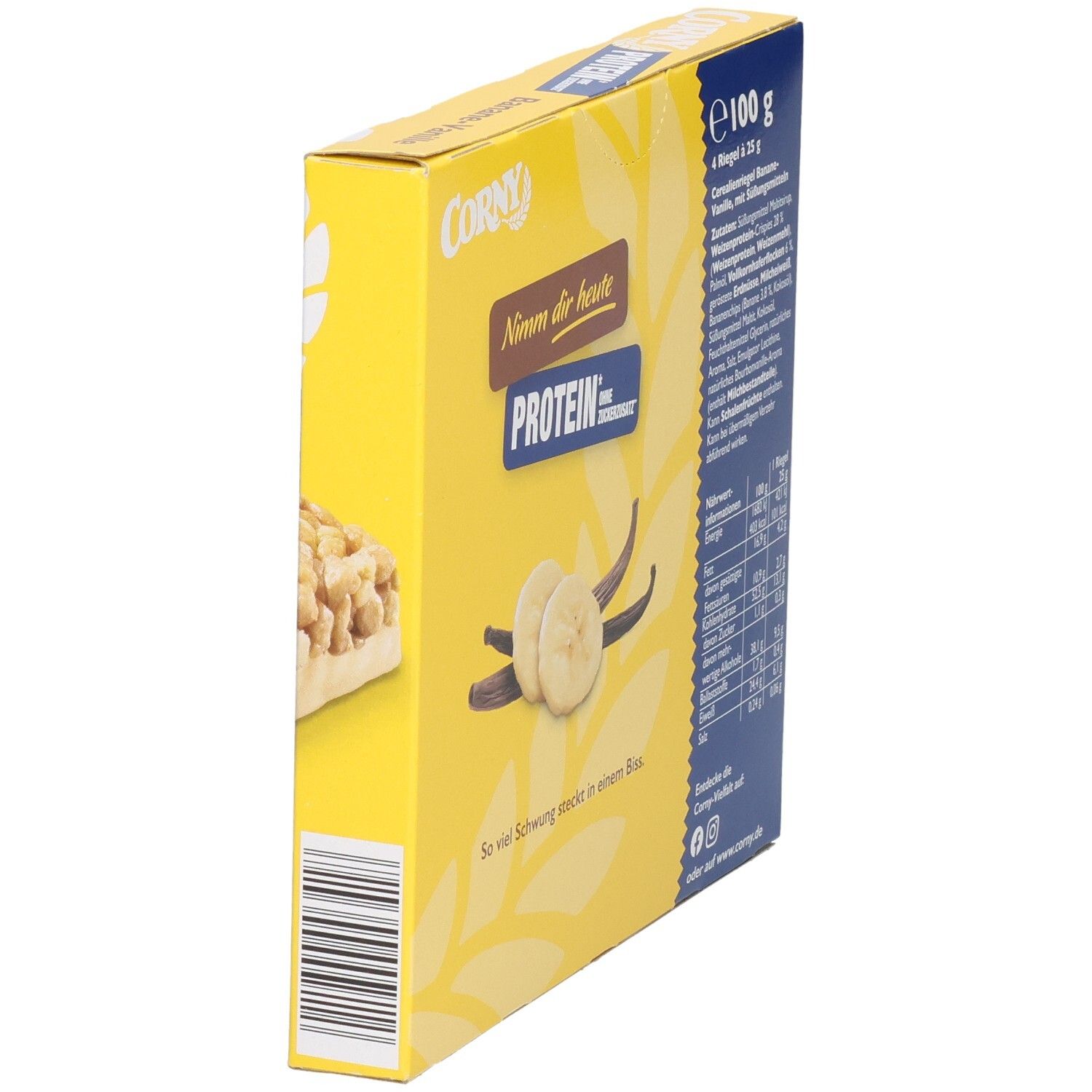 Gelbe Corny Protein Banane-Vanille Schachtel, Seitenansicht. Text: Nimm dir heute, Protein, ohne Zuckerzusatz.