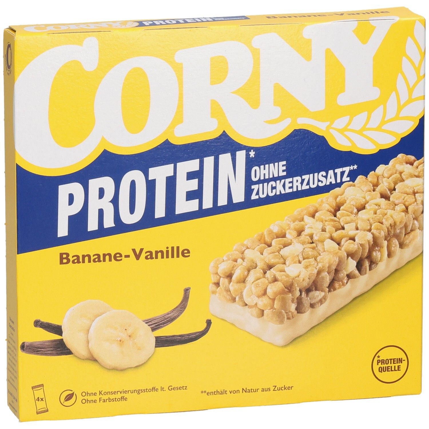 Gelbe Schachtel Corny Protein Banane-Vanille. Vorderansicht mit Riegel, Bananenscheiben und Vanilleschoten.