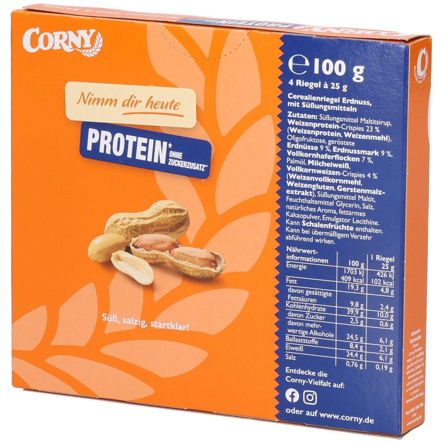 Rückseite der Corny Protein Erdnuss Süß & Salzig Schachtel. Zutatenliste, Nährwertangaben und Produktabbildung. 4 Riegel.