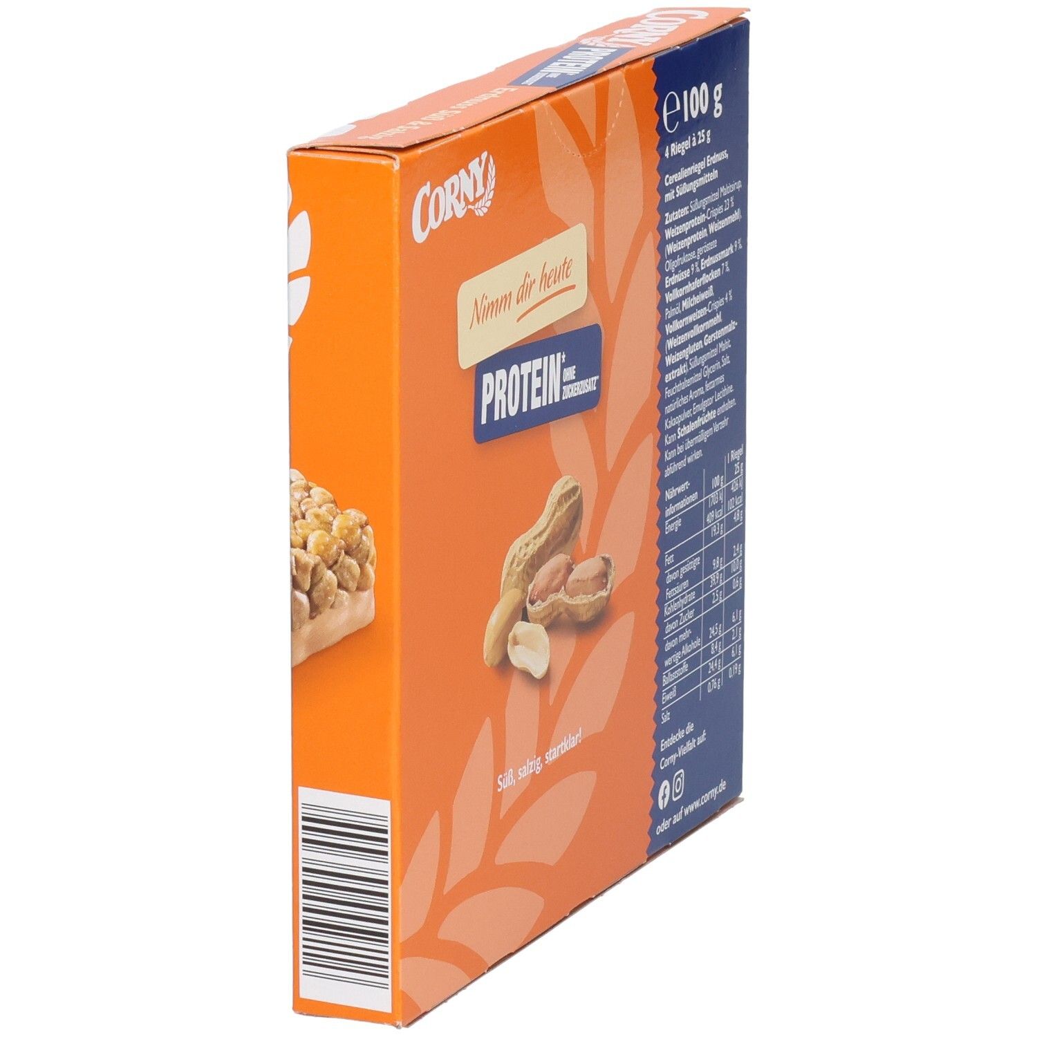 Seitenansicht der Corny Protein Erdnuss Süß & Salzig Schachtel. Zutatenliste und Nährwertangaben. Barcode.