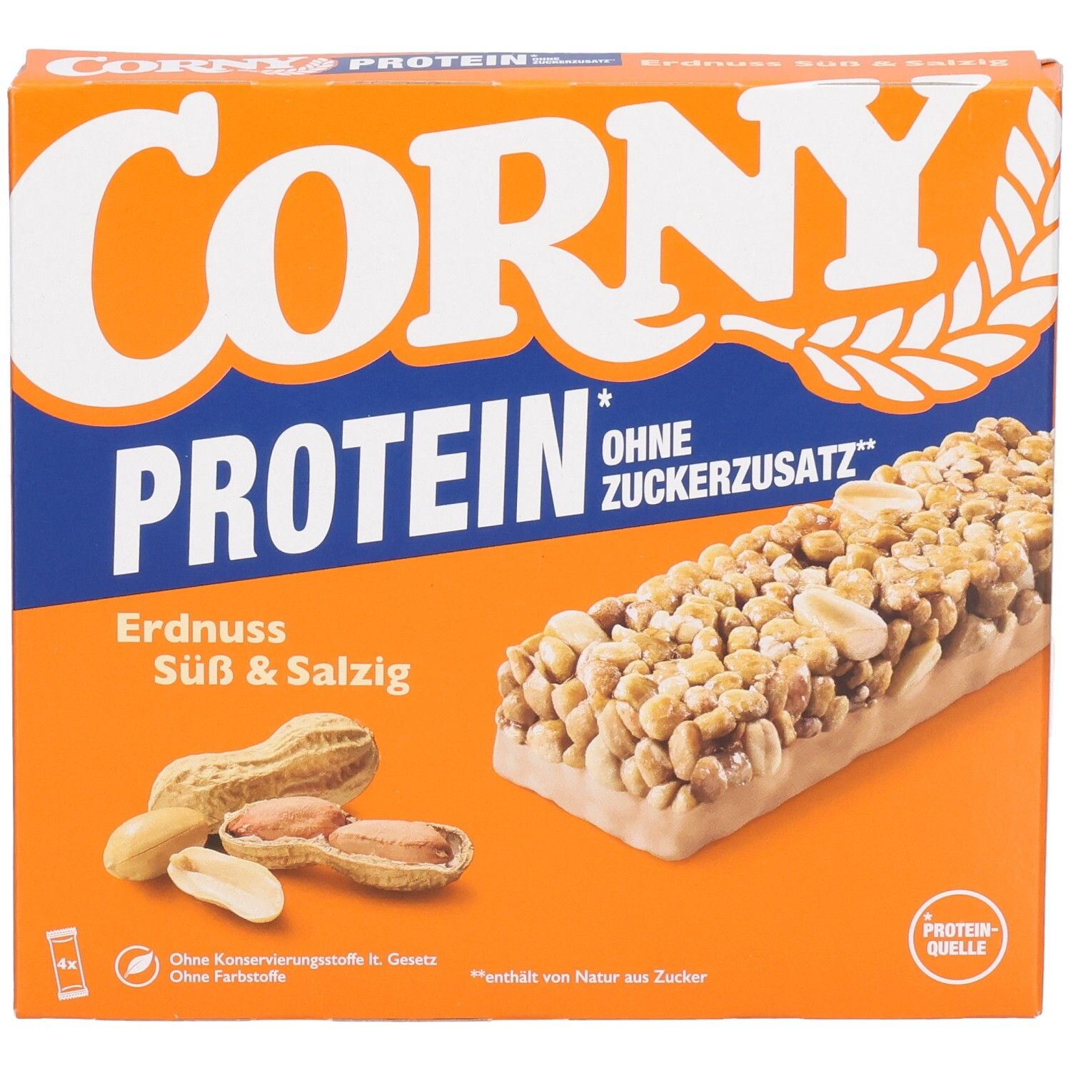 Orangefarbene Schachtel mit Corny Protein Erdnuss Süß & Salzig. Riegel und Erdnüsse abgebildet. Text: Ohne Zuckerzusatz.