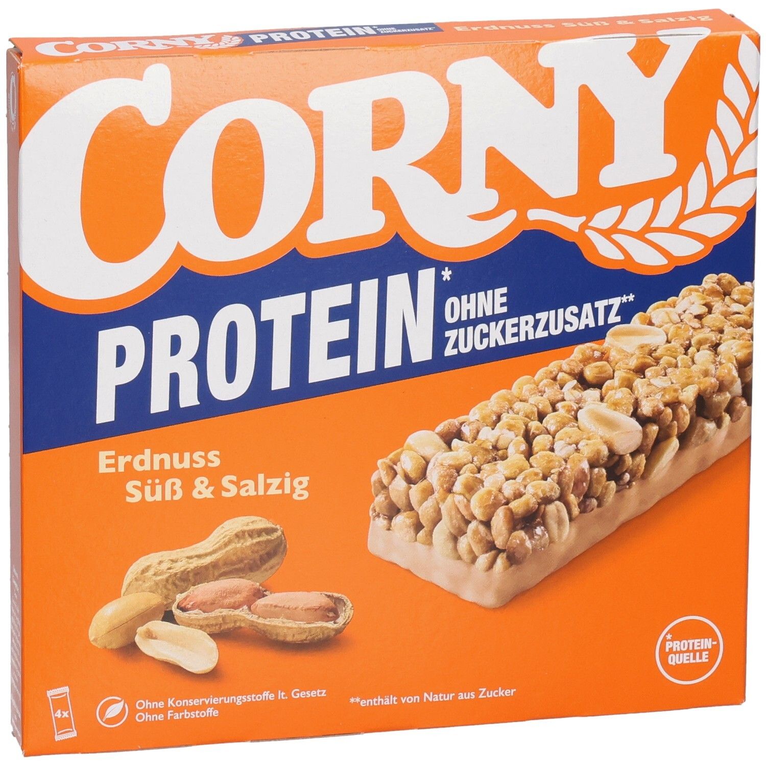 Orangefarbene Schachtel mit Corny Protein Erdnuss Süß & Salzig. Riegel und Erdnüsse abgebildet. Text: Ohne Zuckerzusatz.