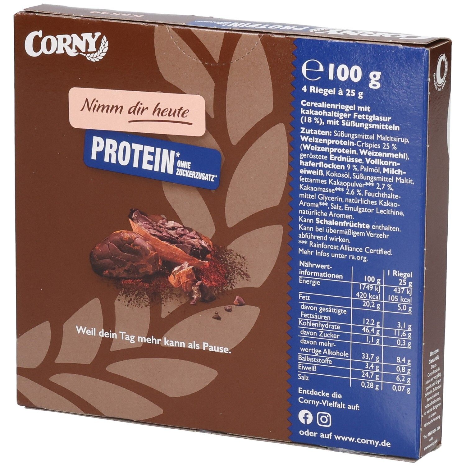 Braune Schachtel mit Corny Protein Kakao. Rückseite mit Nährwertangaben und Zutatenliste. Text: 4 Riegel à 25 g.