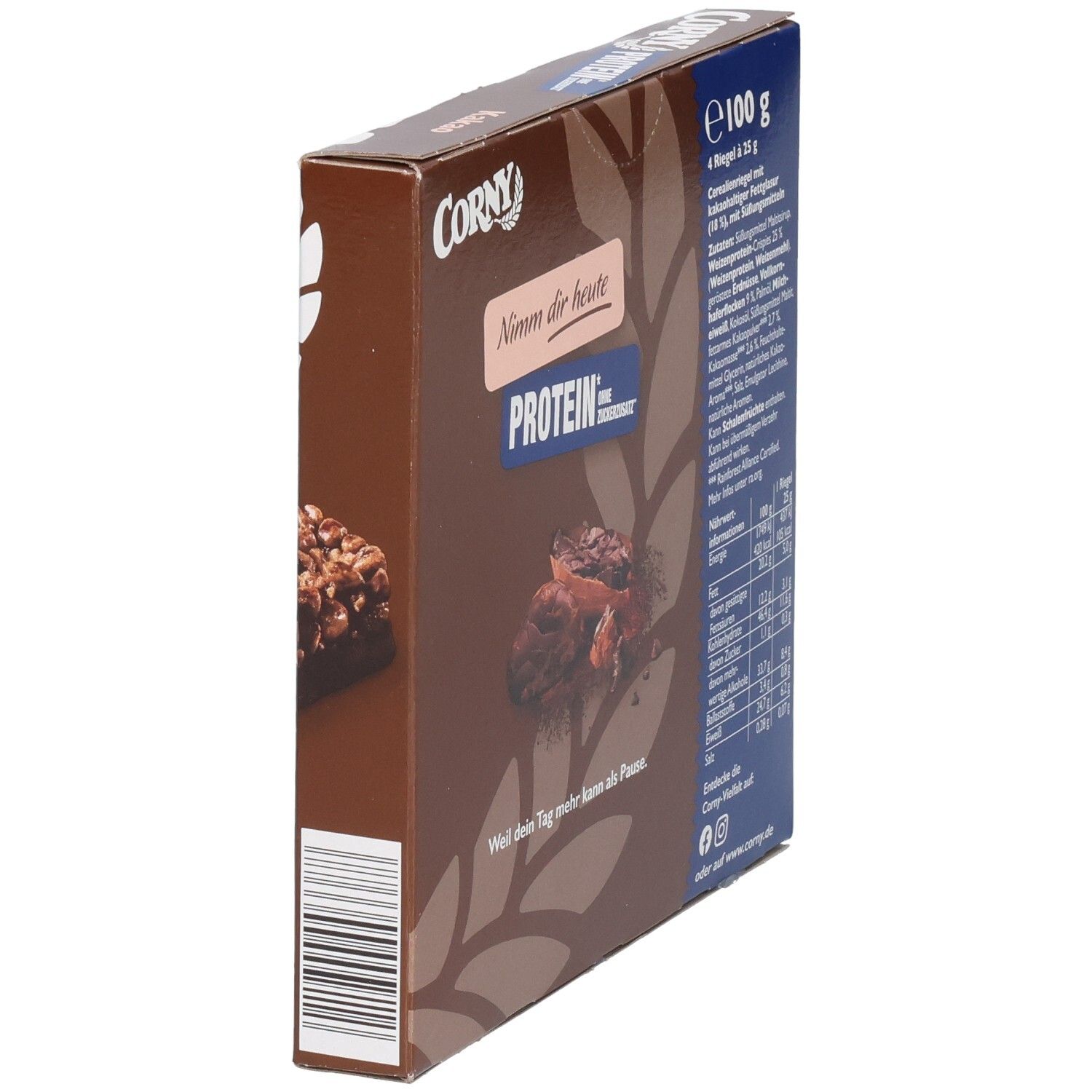 Braune Schachtel mit Corny Protein Kakao. Seitenansicht mit Text: Protein, ohne Zuckerzusatz. Rückseite mit Nährwertangaben.