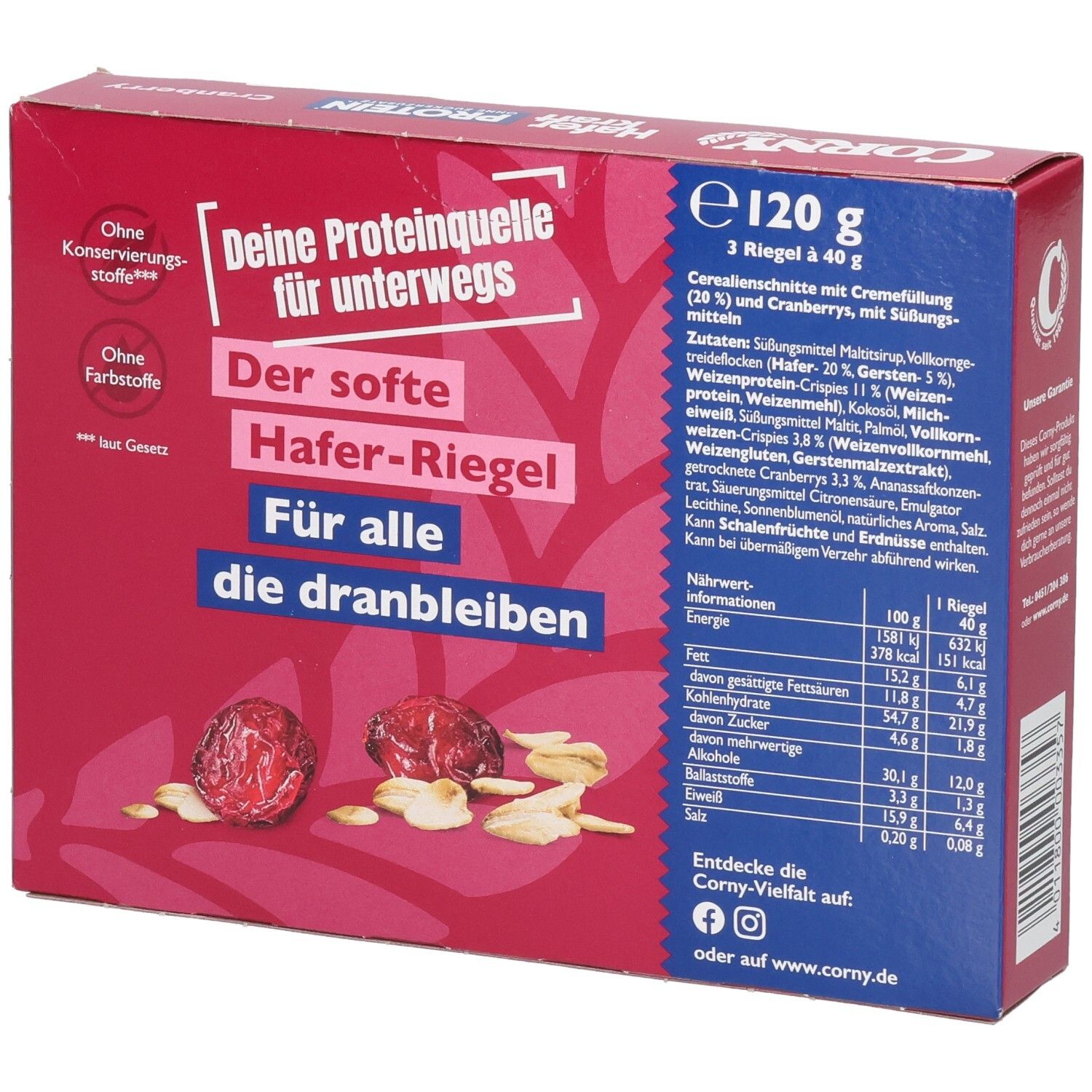 Rückseite der roten Schachtel Corny Haferkraft Protein Cranberry. Text: Nährwertangaben, Zutatenliste. Abgebildet: Cranberries und Haferflocken.