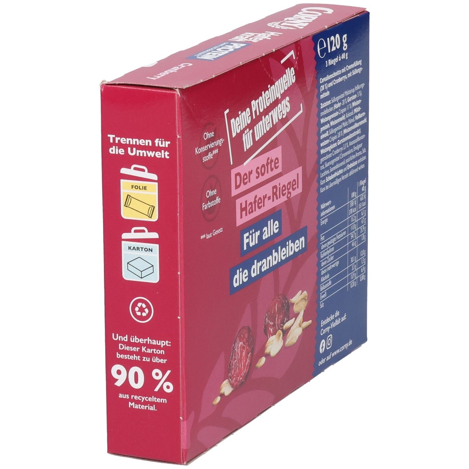 Rote Schachtel Corny Haferkraft Protein Cranberry. Seitenansicht. Text: Protein, ohne Zuckerzusatz. Abgebildet: Cranberries, Haferflocken und Riegel.