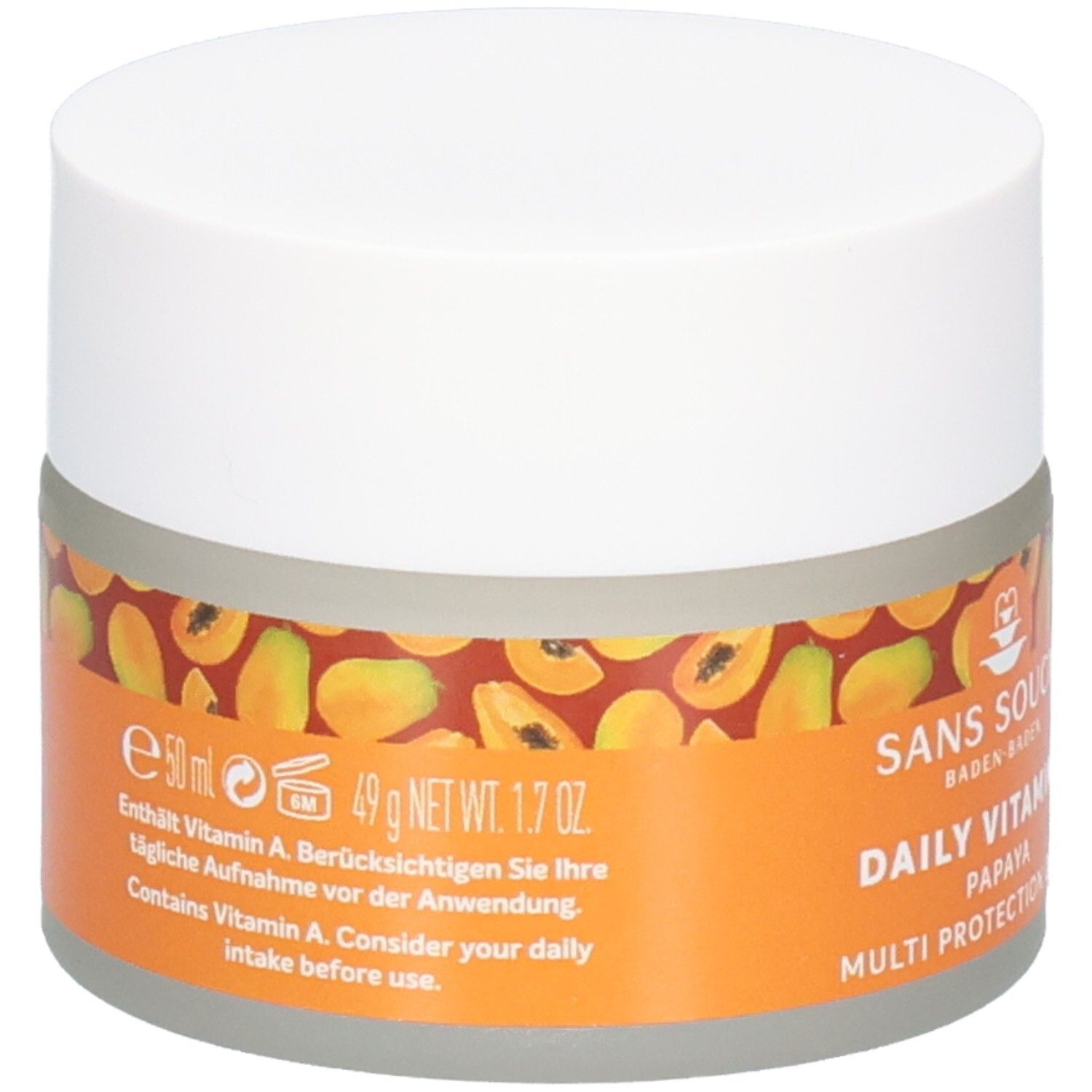Sans Soucis Papaya Multischutz Pflege Tiegel mit Mengenangabe (50ml) und Inhaltsstoffen.