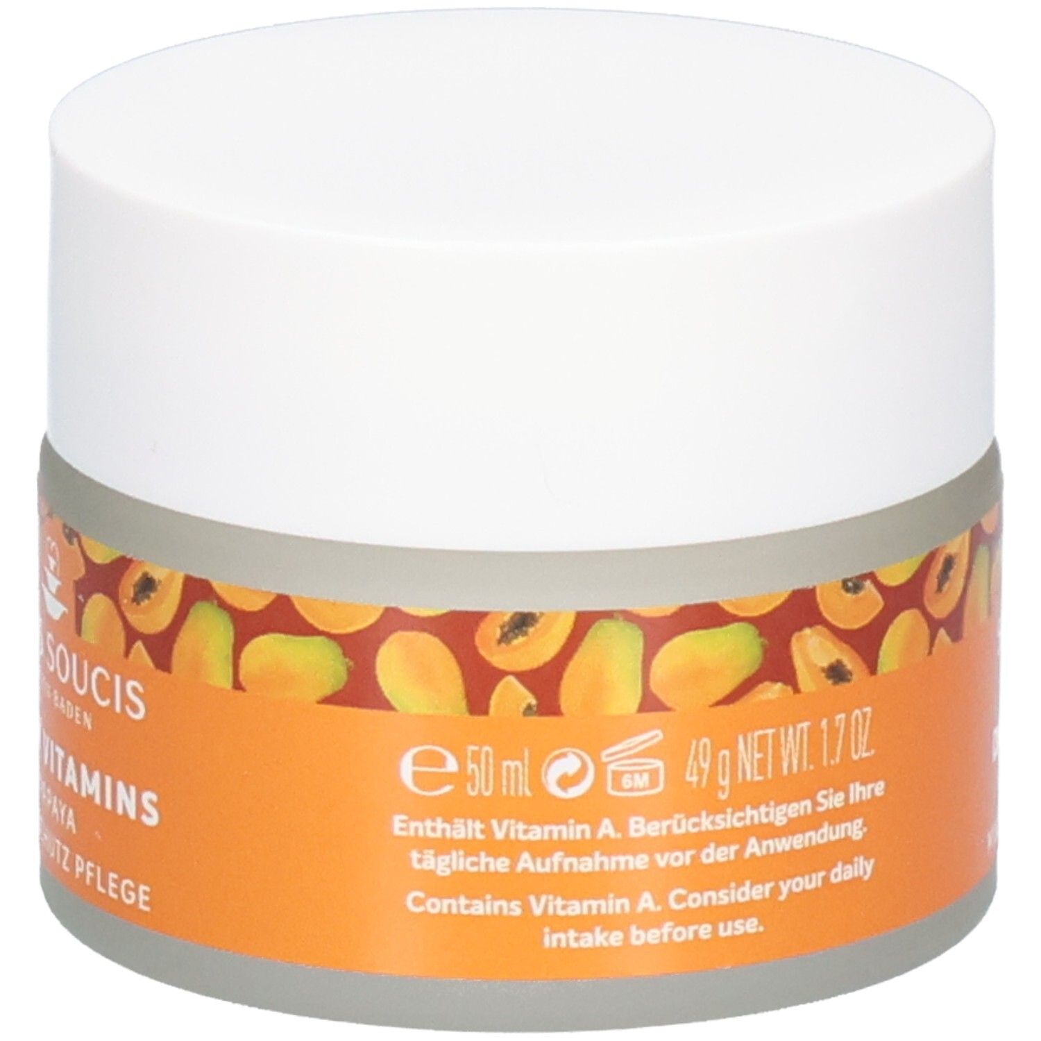 Sans Soucis Papaya Multischutz Pflege Tiegel mit Mengenangabe (50ml) und Vitamin A Hinweis.