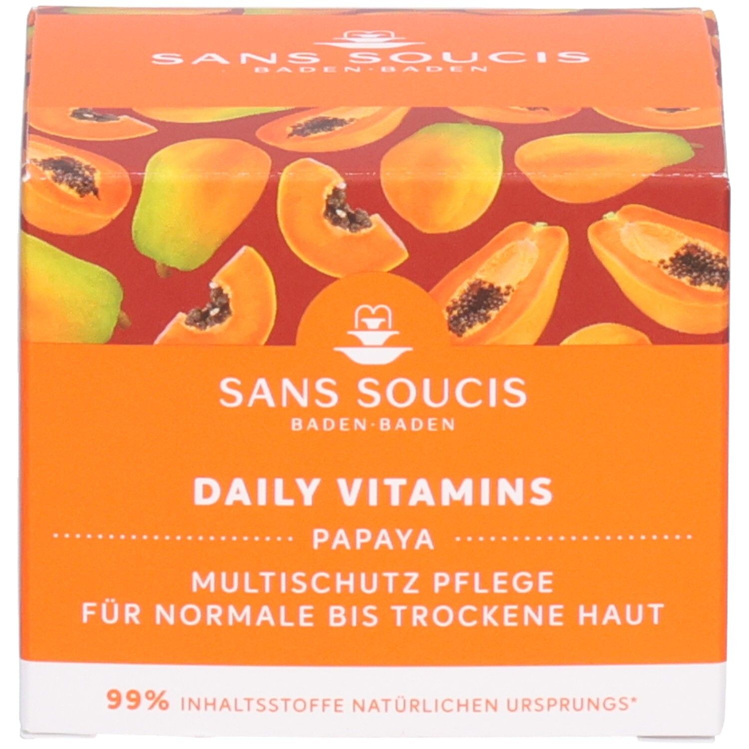 Sans Soucis Papaya Multischutz Pflege Faltschachtel mit Produktinformationen.