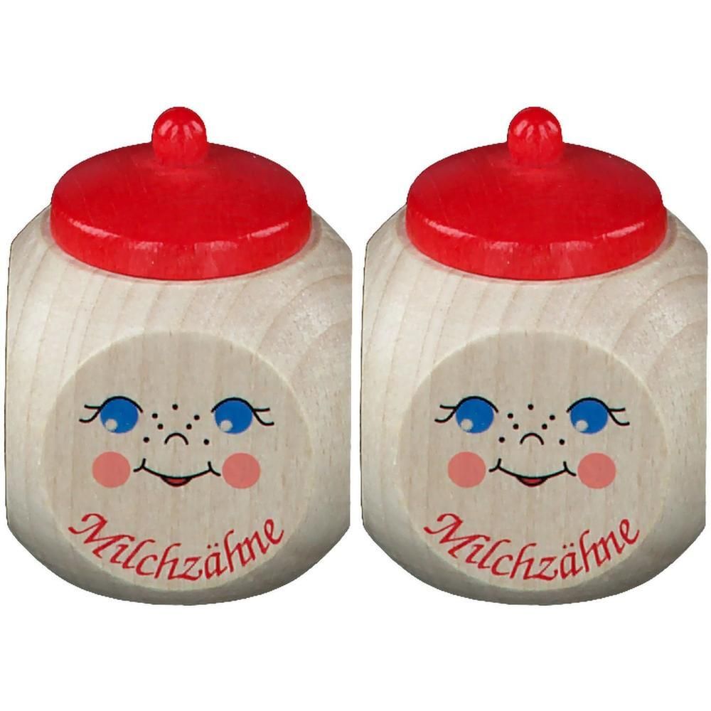 Zwei Holzbehälter mit rotem Deckel. Aufschrift "Milchzähne". Gesicht mit blauen Augen, Sommersprossen und rosa Wangen.