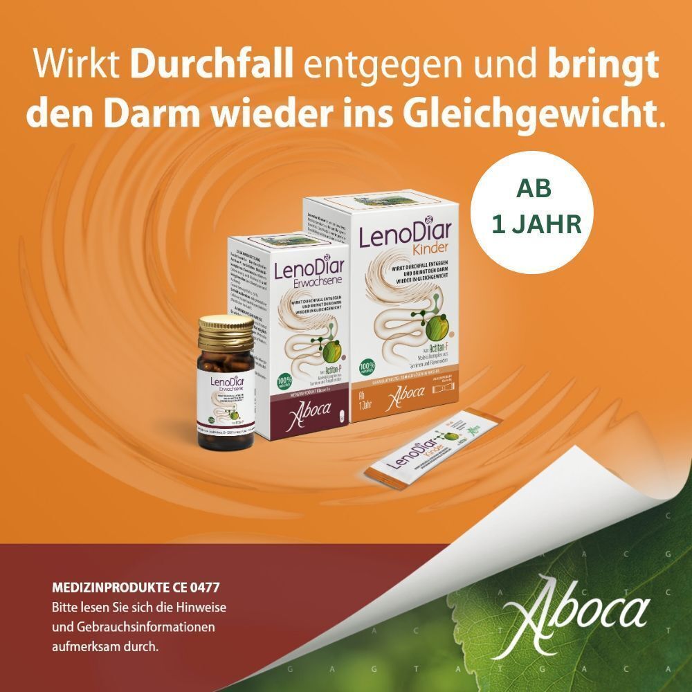 Produktabbildung mit zwei Kartons "LenoDiar Kinder", einer Flasche und einem Beutel. Text: "Wirkt Durchfall entgegen..." und "Ab 1 Jahr".