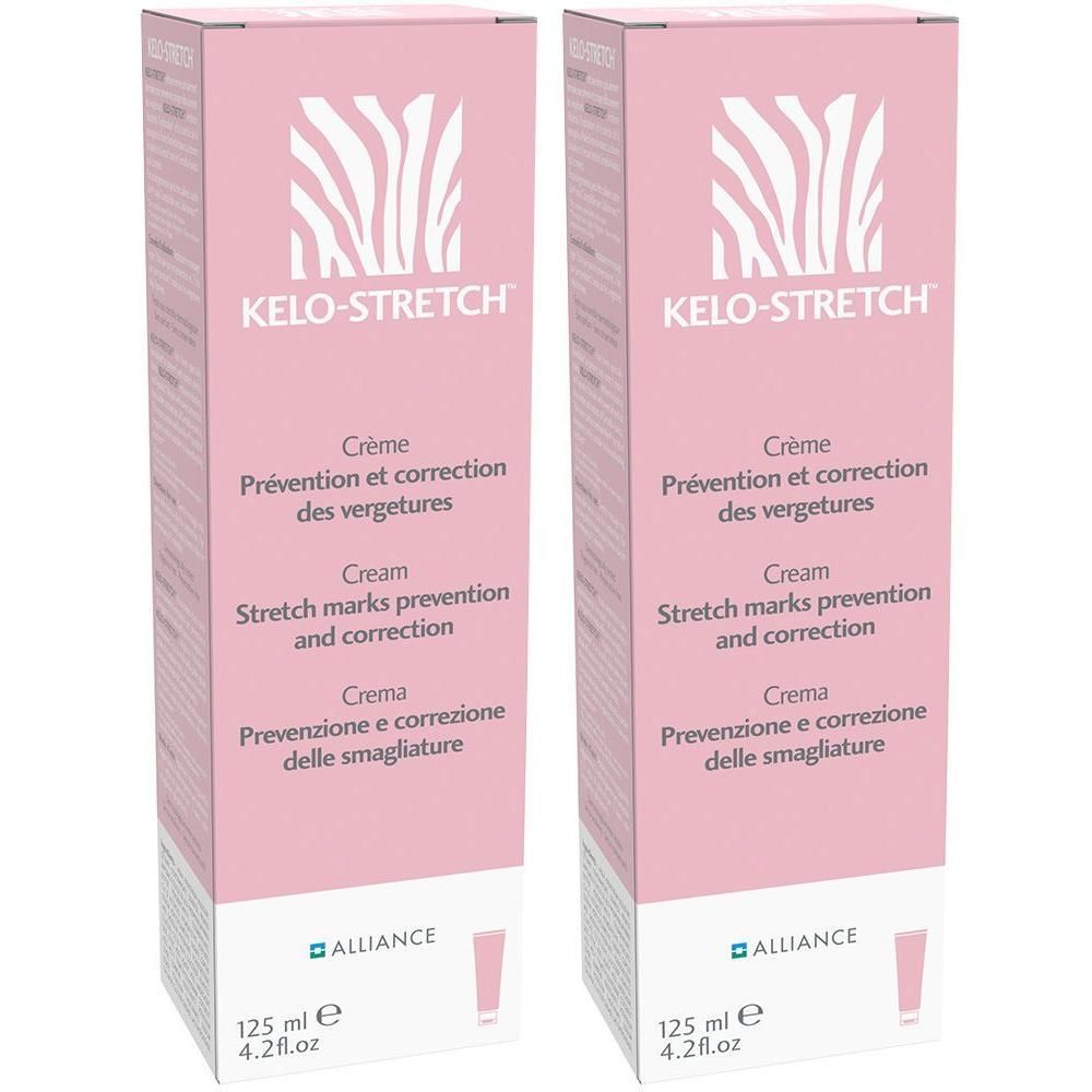 Zwei rosa Schachteln mit "KELO-STRETCH" Aufschrift. Text in Französisch, Englisch und Italienisch. Unten steht "ALLIANCE" und die Menge.