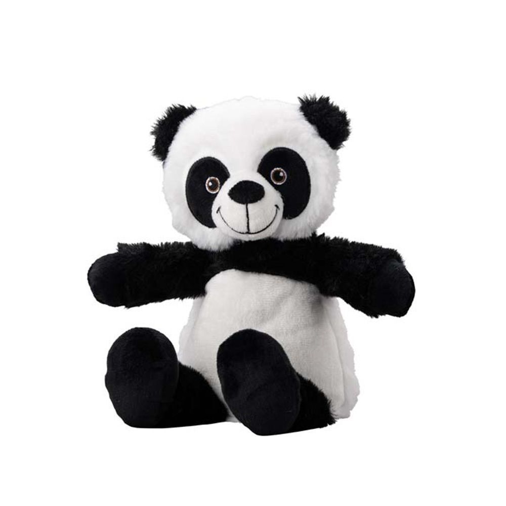 Stofftier in Panda-Form. Schwarz-weiß, mit offenen Armen. Schwarze Ohren und Augenpartien. Sitzt.