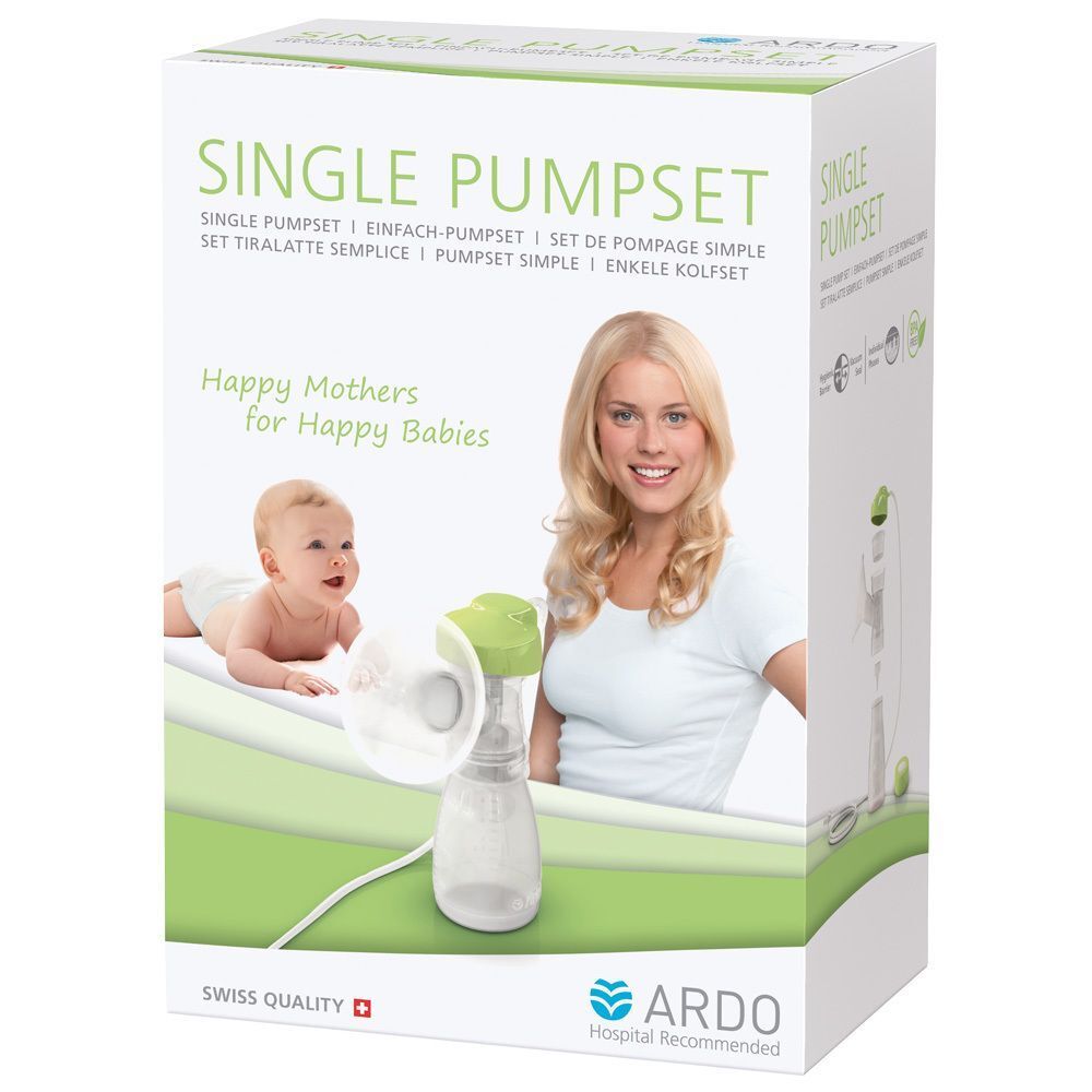 Verpackung mit Aufschrift "SINGLE PUMPSET". Abgebildet sind eine Frau und ein Baby. Logo: ARDO Hospital Recommended, Swiss Quality.