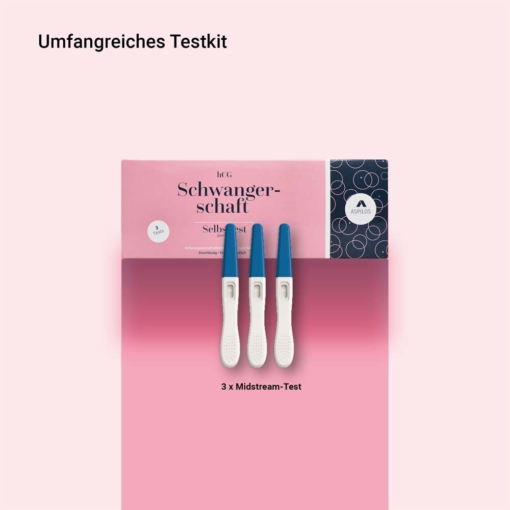 Rosa Hintergrund mit 'Schwangerschaft Selbsttest' und drei Teststäbchen. Text: 3 x Midstream-Test.