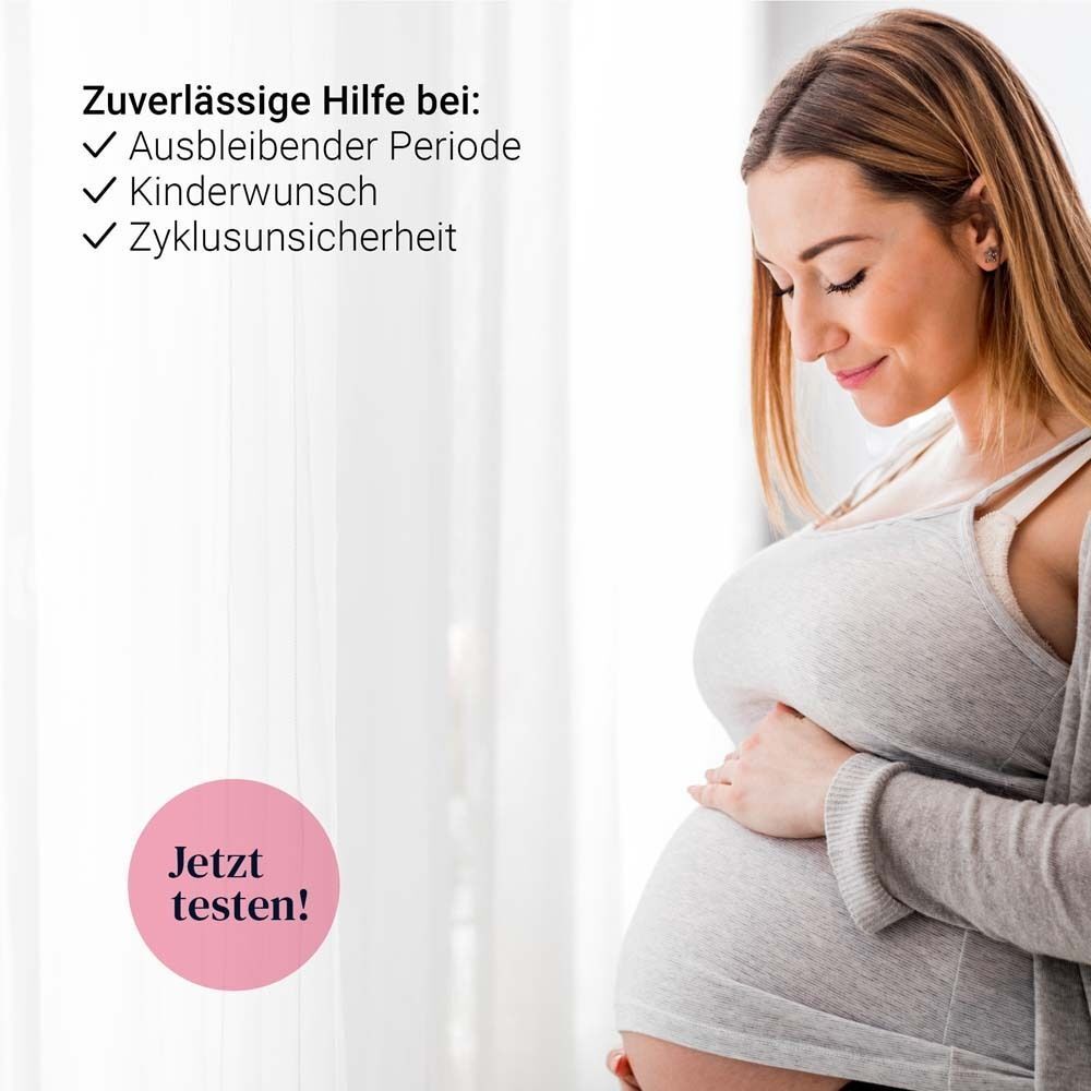 Schwangere Frau mit Bauch. Text: Zuverlässige Hilfe bei: Ausbleibender Periode, Kinderwunsch, Zyklusunsicherheit. Jetzt testen!