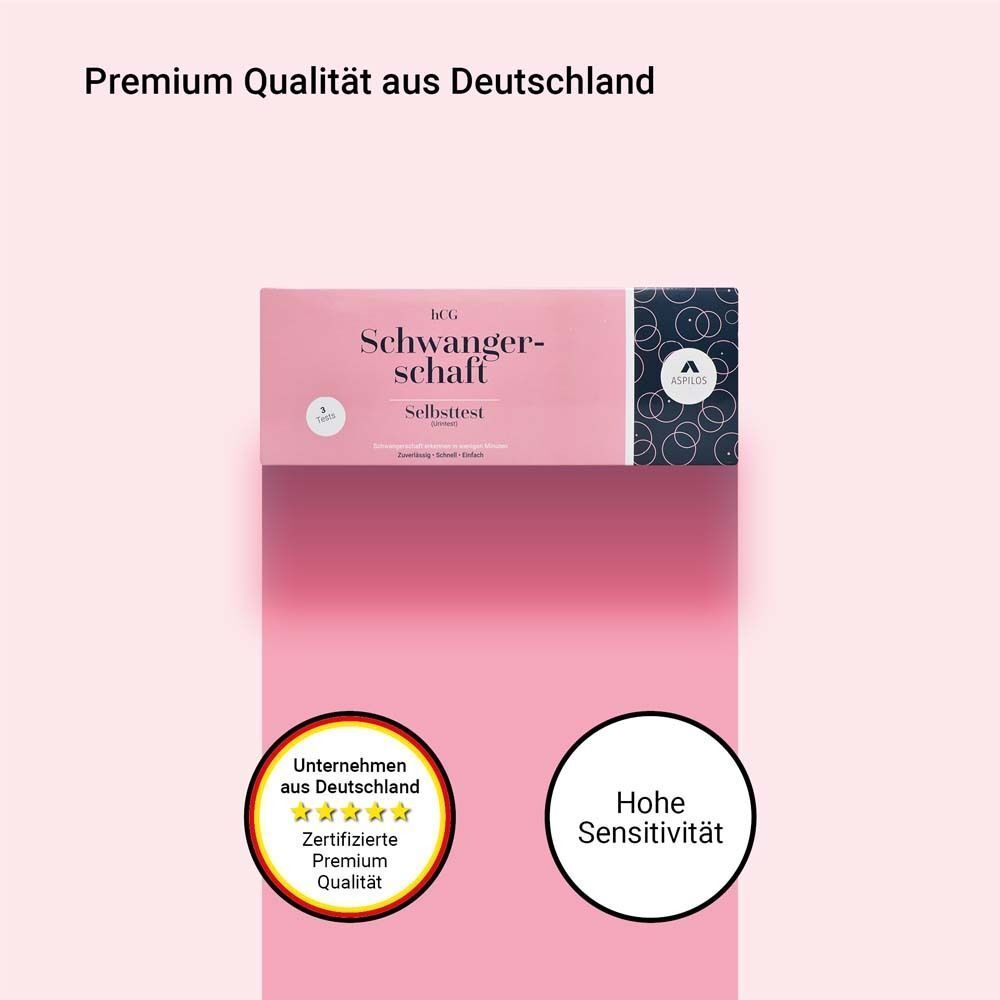 Rosa Hintergrund mit 'Schwangerschaft Selbsttest'. Text: Premium Qualität aus Deutschland. Zertifizierte Premium Qualität.