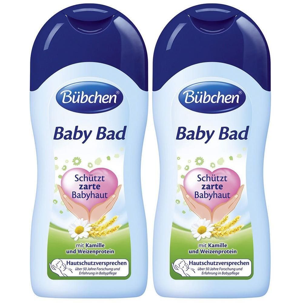 Zwei Baby Bad Flaschen. Aufschrift: Bübchen, Baby Bad. Herz mit Händen, Text: Schützt zarte Babyhaut. Mit Kamille und Weizenprotein.