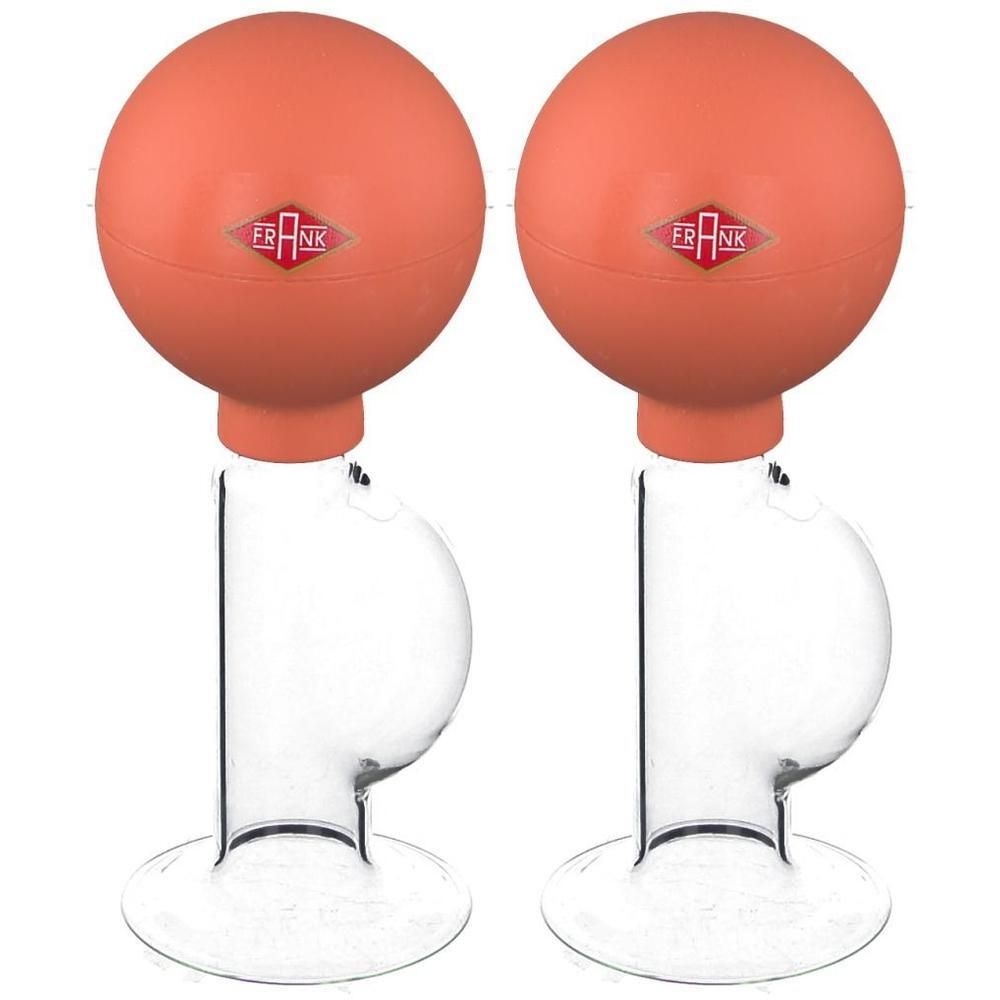 Zwei Handmilchpumpen aus Kunststoff. Jede hat einen orangefarbenen Ball, einen transparenten Behälter und das Logo "FRANK".