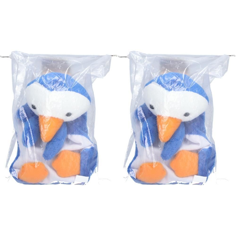 Zwei Pinguin-Kompressen in Plastikverpackung. Blau, weiß und orangefarben. Die Kompressen sind in Form eines Pinguins gestaltet.