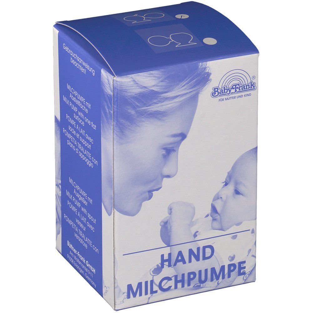 Karton. Aufdruck: Baby Frank, Hand Milchpumpe. Text: Milchpumpe mit... Abbildung: Mutter und Baby. Blauer Hintergrund.