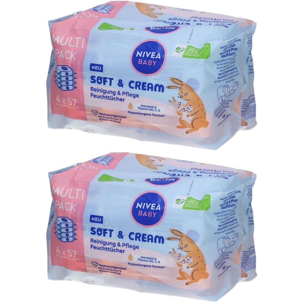 Zwei Packungen NIVEA BABY Soft & Cream Feuchttücher. Verpackung mit rosa und blauem Design, Aufschrift "MULTI PACK" und "4x57".